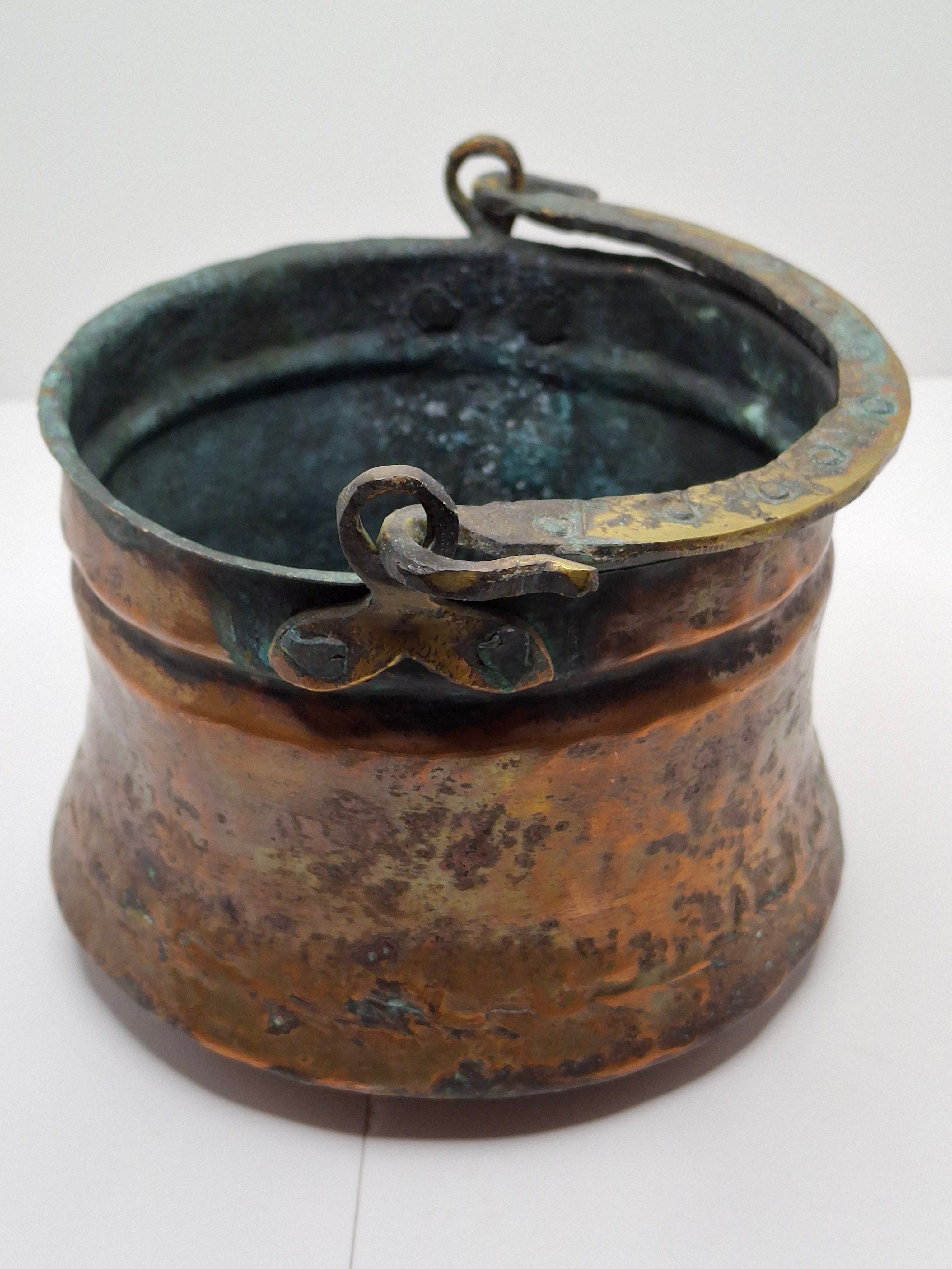 19th C Hand-Hammered Copper Pot or Melting Cauldron w/ Wrought Iron Handle