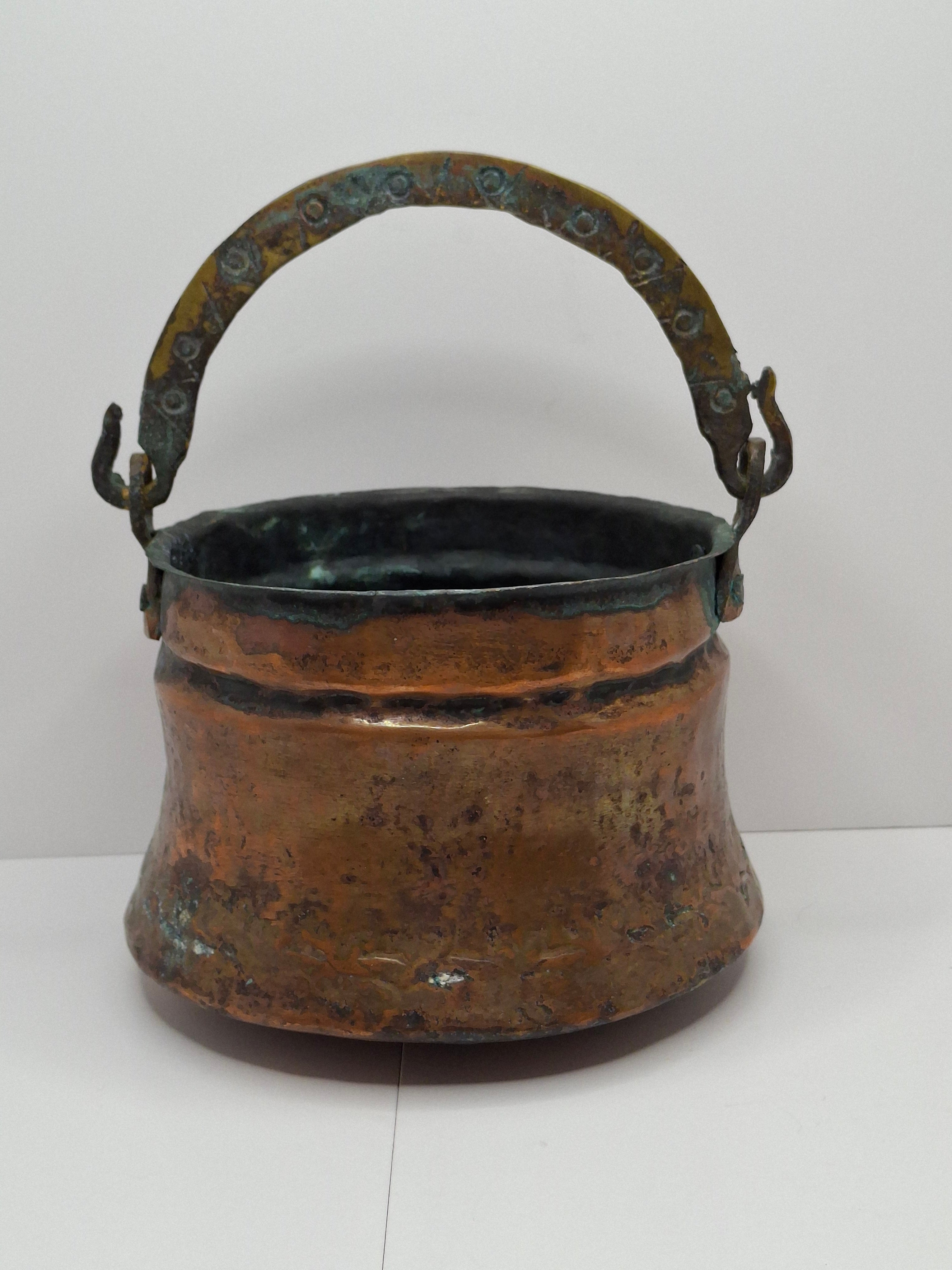 19th C Hand-Hammered Copper Pot or Melting Cauldron w/ Wrought Iron Handle