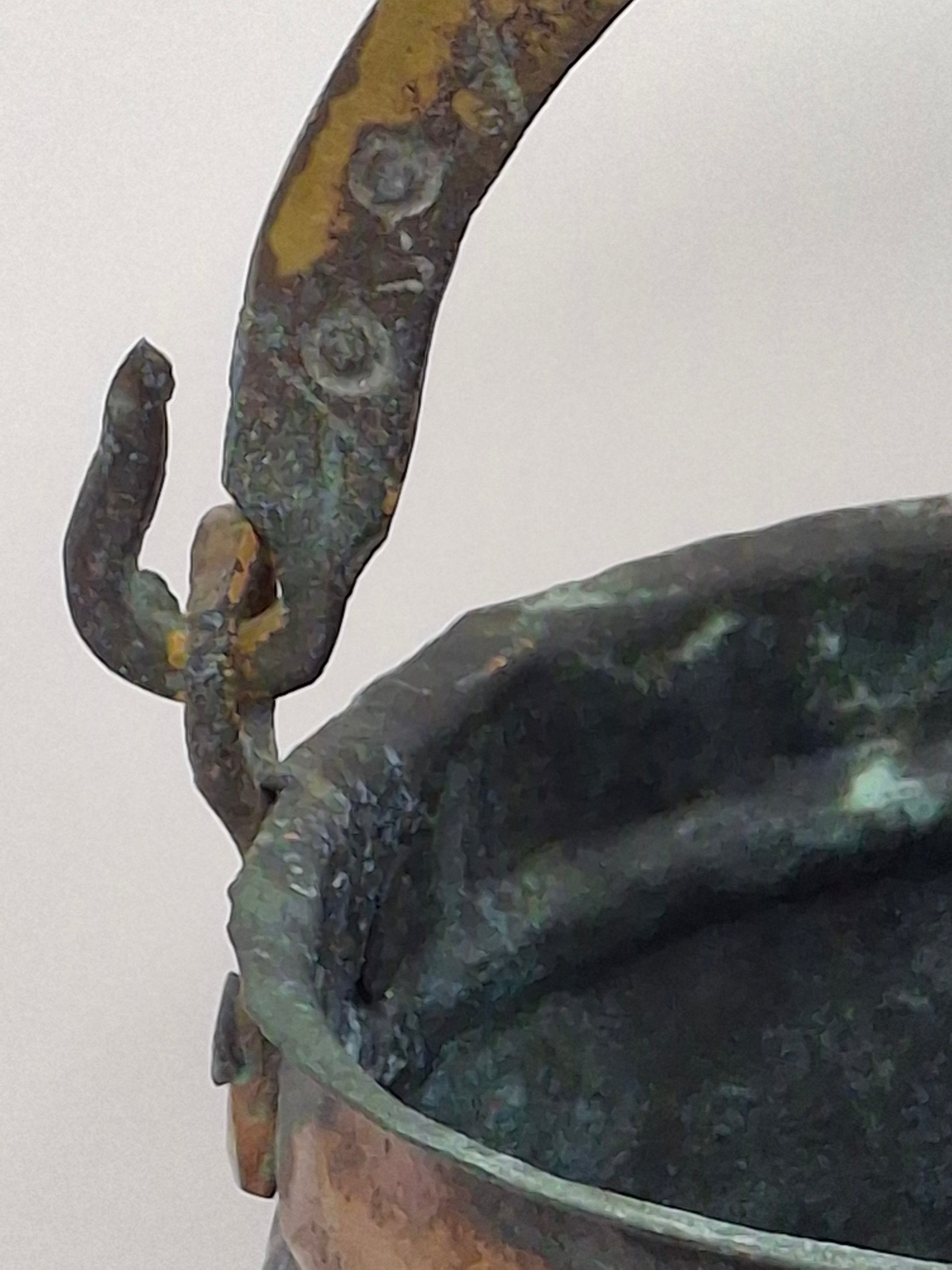 19th C Hand-Hammered Copper Pot or Melting Cauldron w/ Wrought Iron Handle