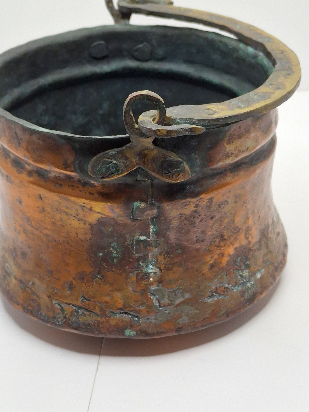 19th C Hand-Hammered Copper Pot or Melting Cauldron w/ Wrought Iron Handle