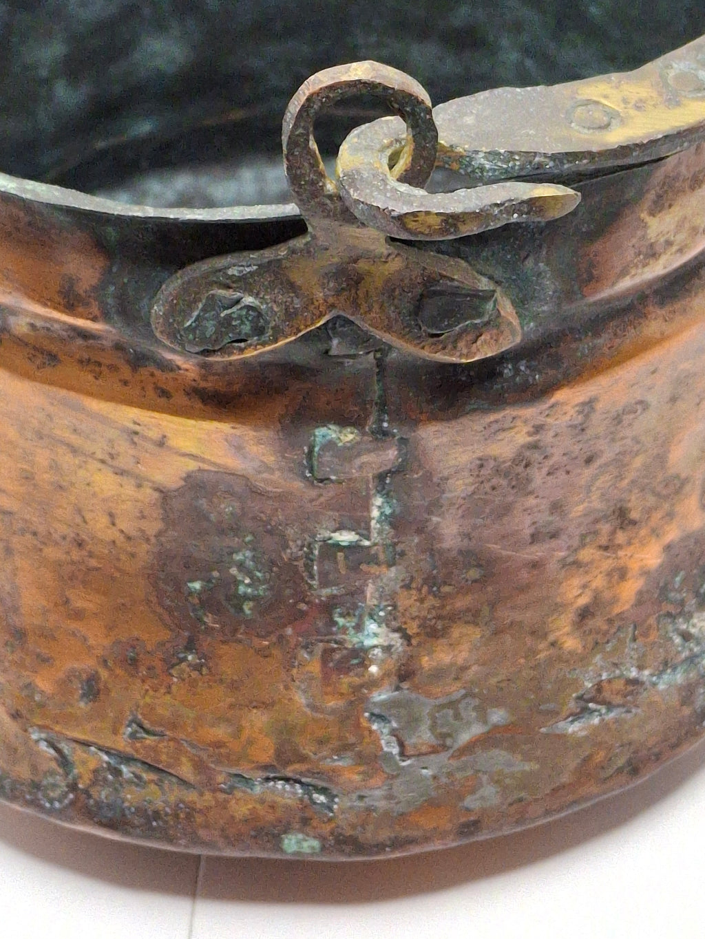 19th C Hand-Hammered Copper Pot or Melting Cauldron w/ Wrought Iron Handle