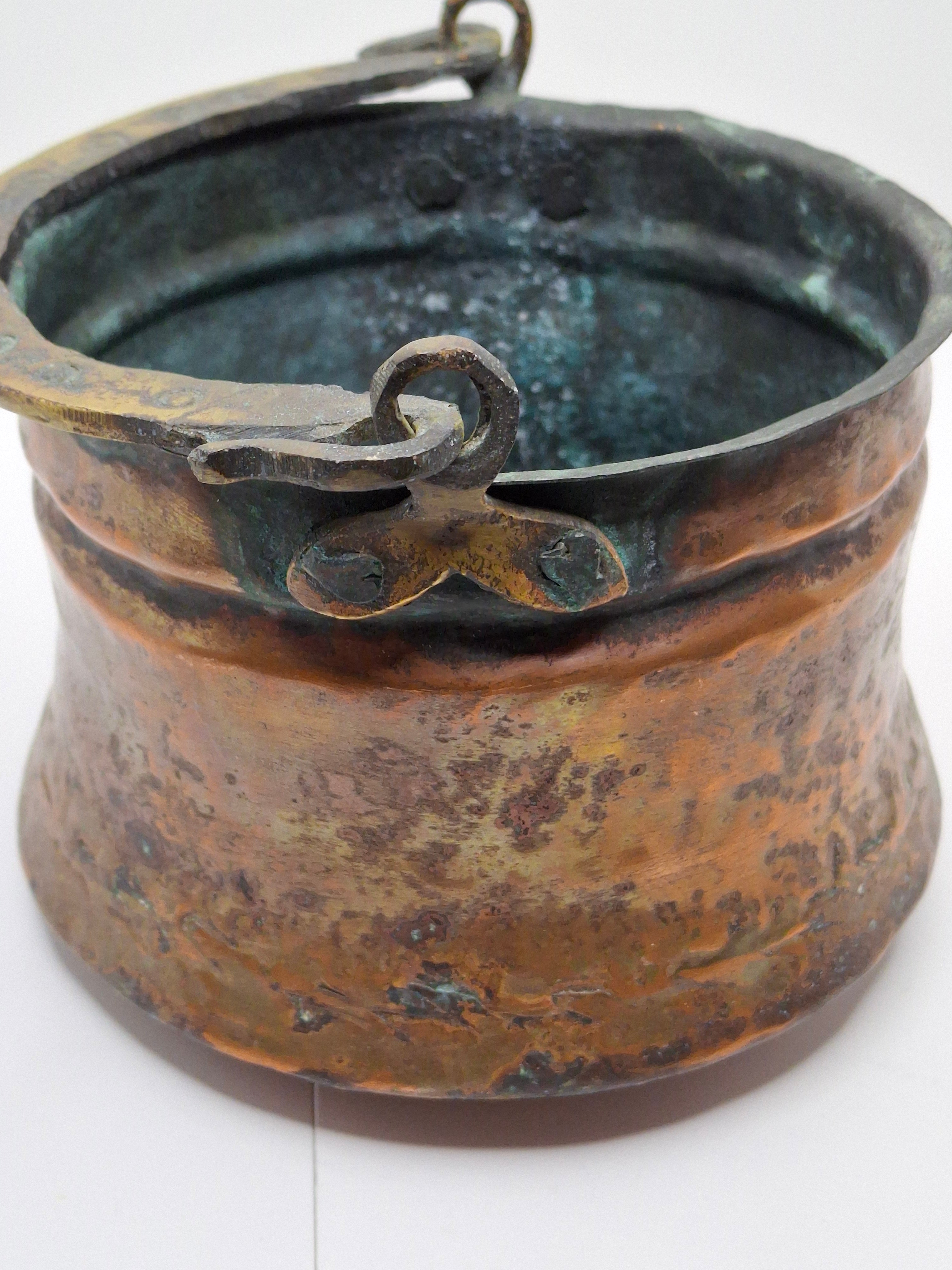 19th C Hand-Hammered Copper Pot or Melting Cauldron w/ Wrought Iron Handle