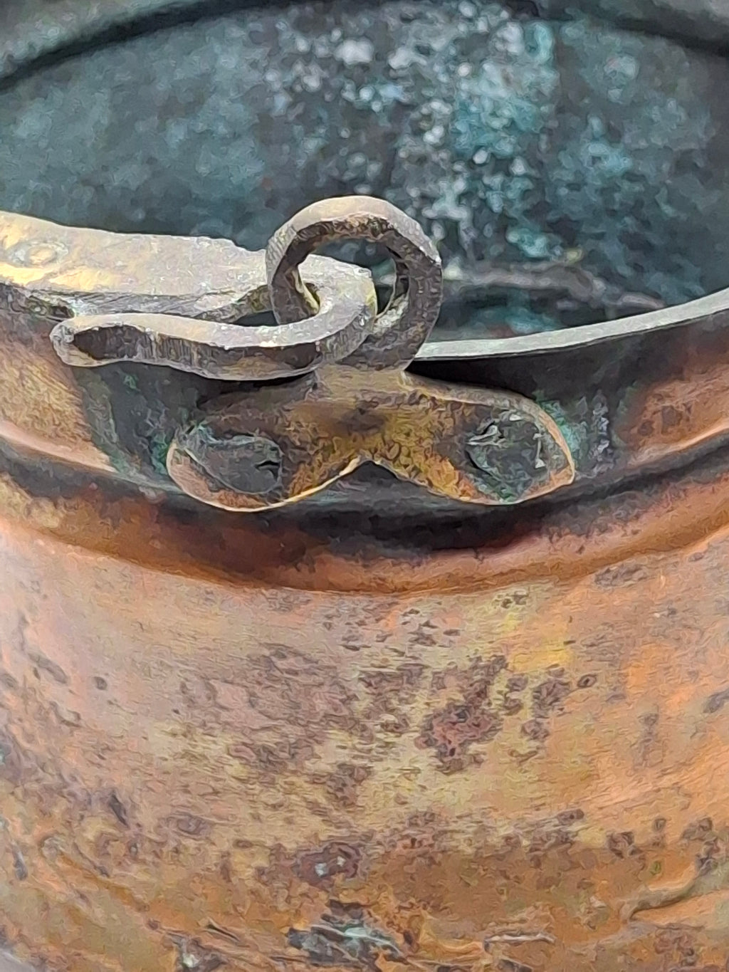 19th C Hand-Hammered Copper Pot or Melting Cauldron w/ Wrought Iron Handle