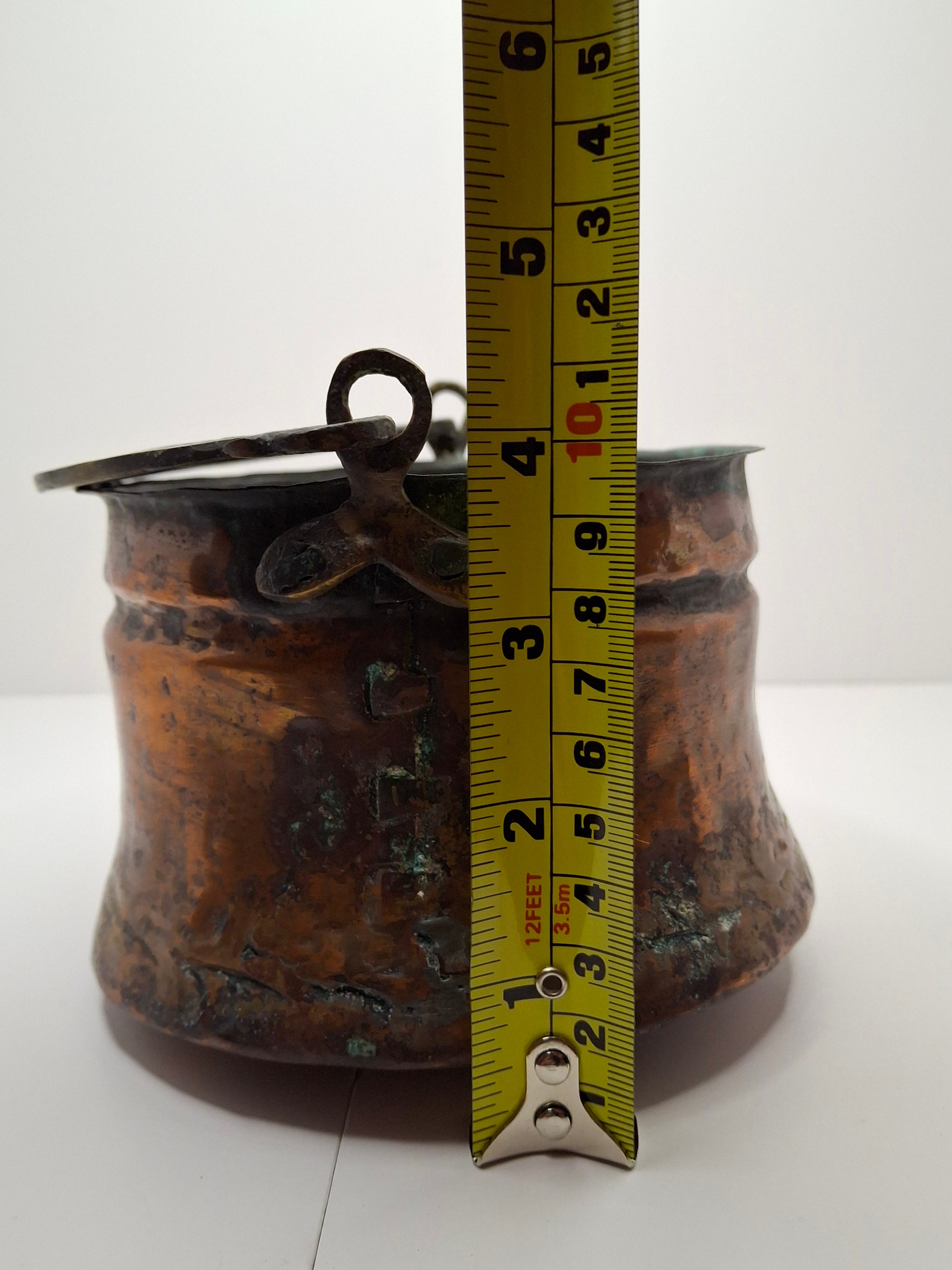 19th C Hand-Hammered Copper Pot or Melting Cauldron w/ Wrought Iron Handle
