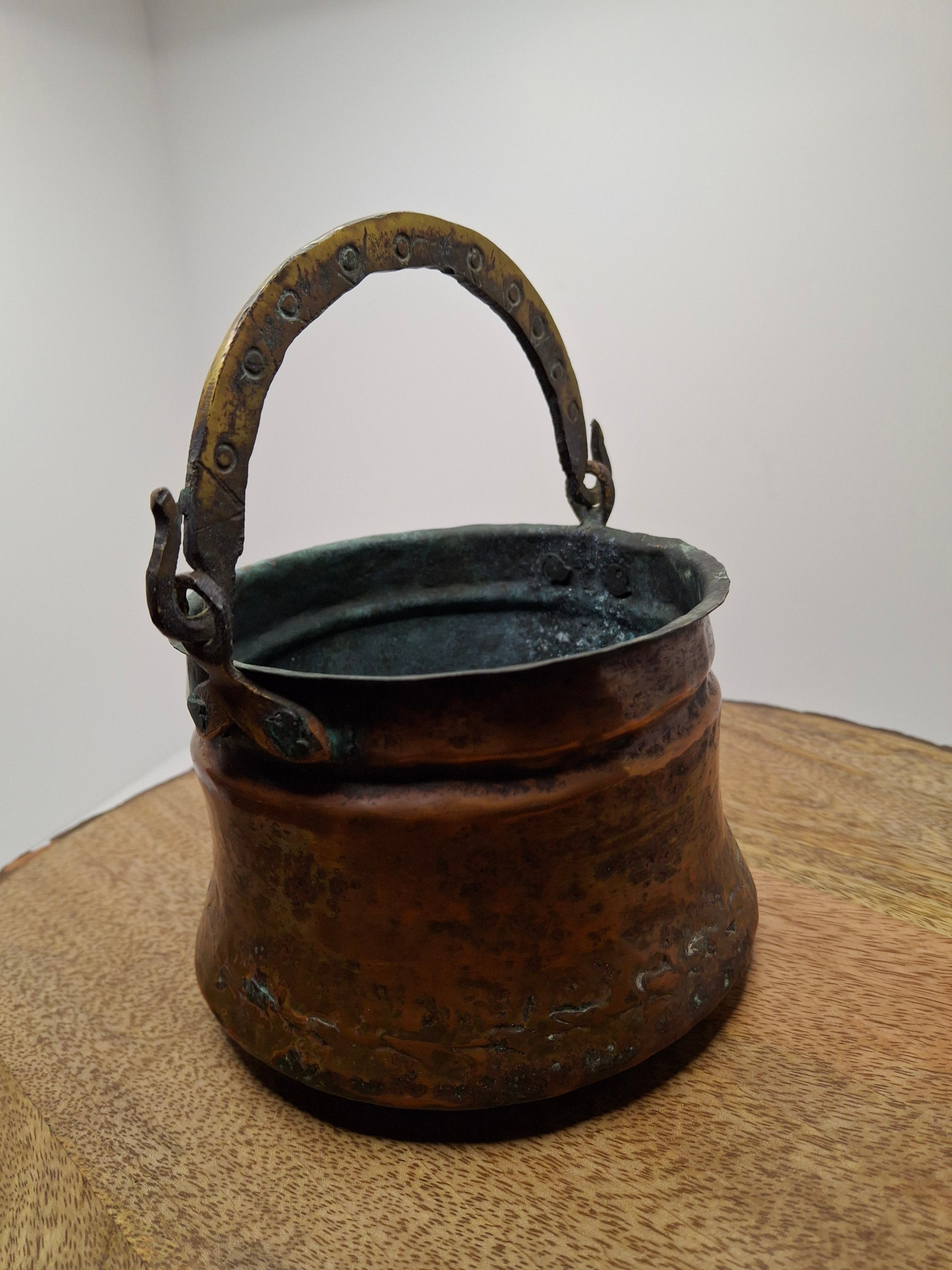 19th C Hand-Hammered Copper Pot or Melting Cauldron w/ Wrought Iron Handle