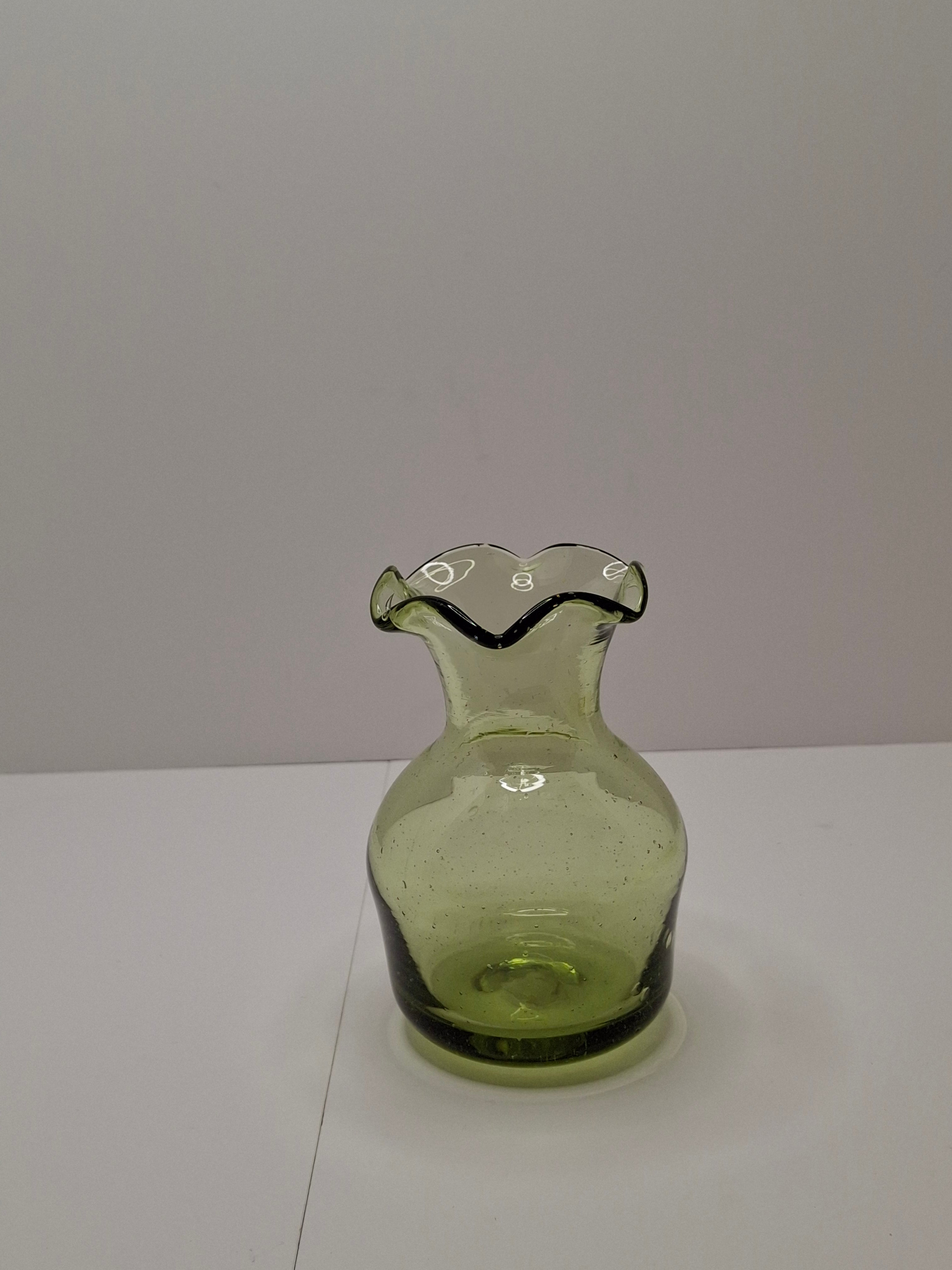 Olive Green Seeded Hand-Blown Glass Jack-in-the-Pulpit Vase with Pontil Mark