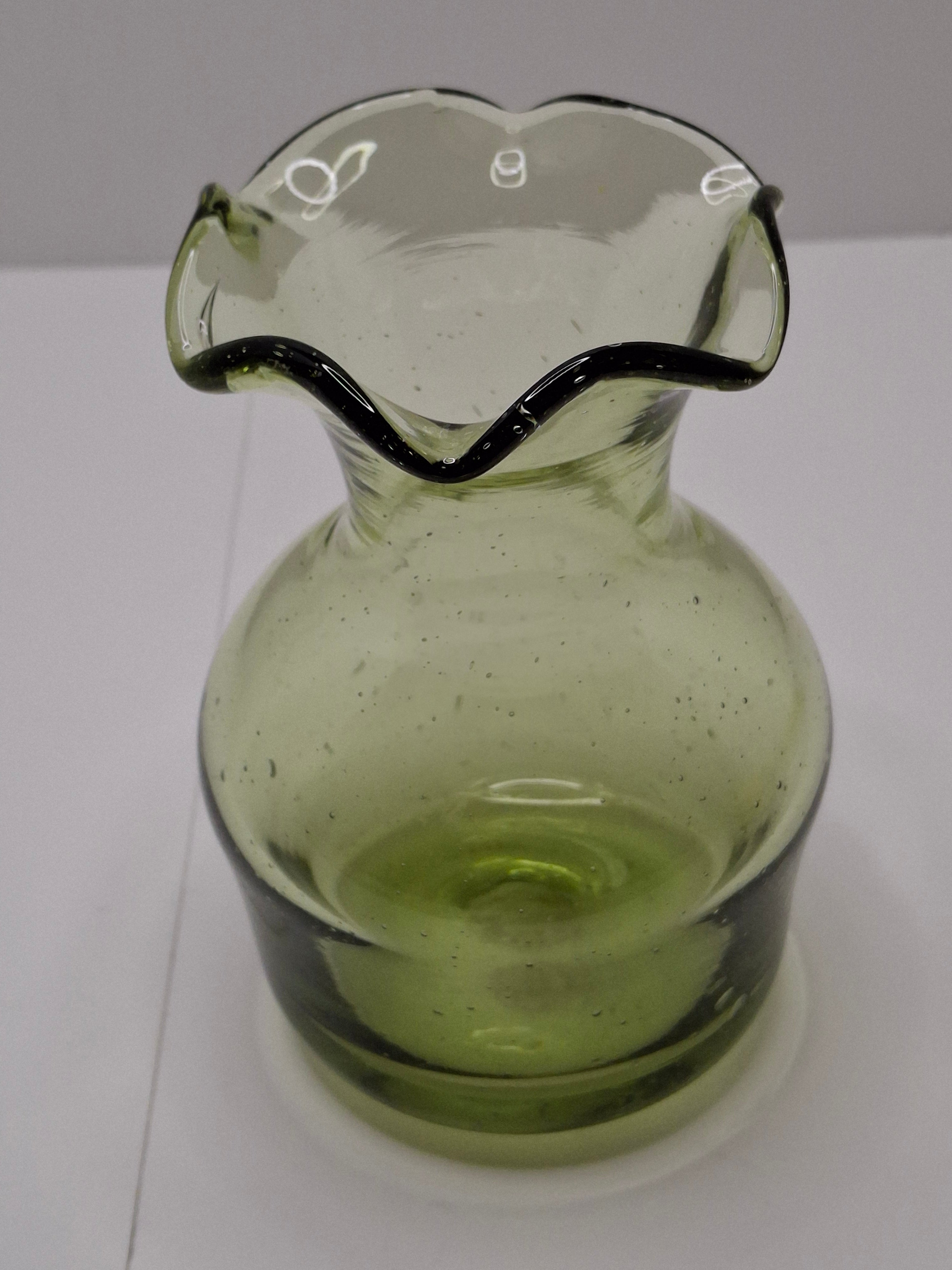 Olive Green Seeded Hand-Blown Glass Jack-in-the-Pulpit Vase with Pontil Mark