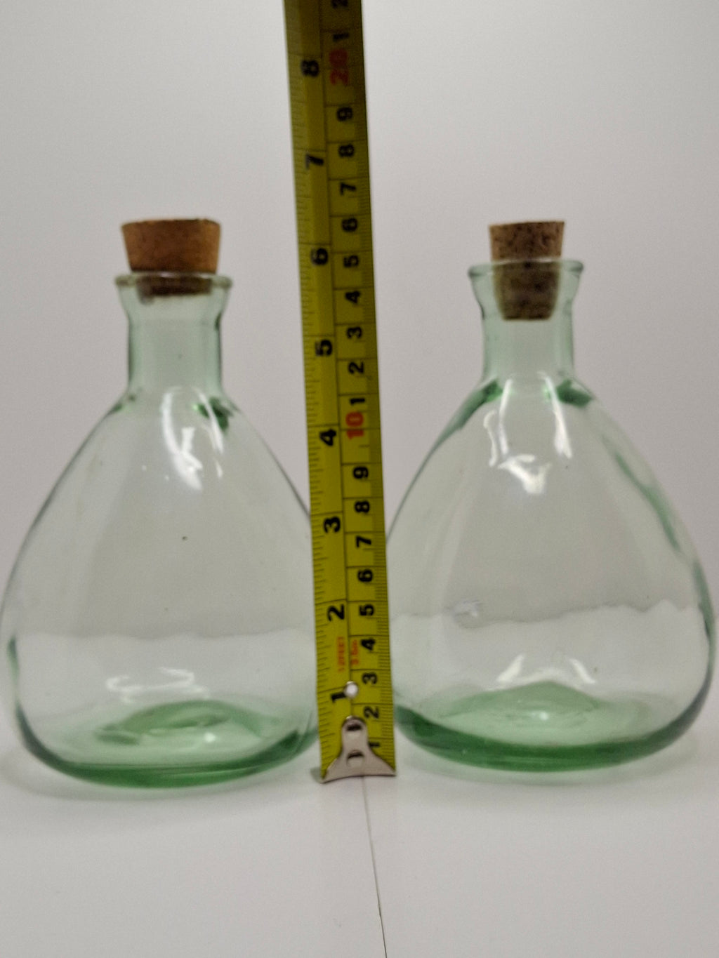 Pair Hand Blown Seeded Green Glass Bladder Bottles - Vintage Historical Style - Heavy Bubble Glass Decanters w/ Corks - 7" Rough Pontil