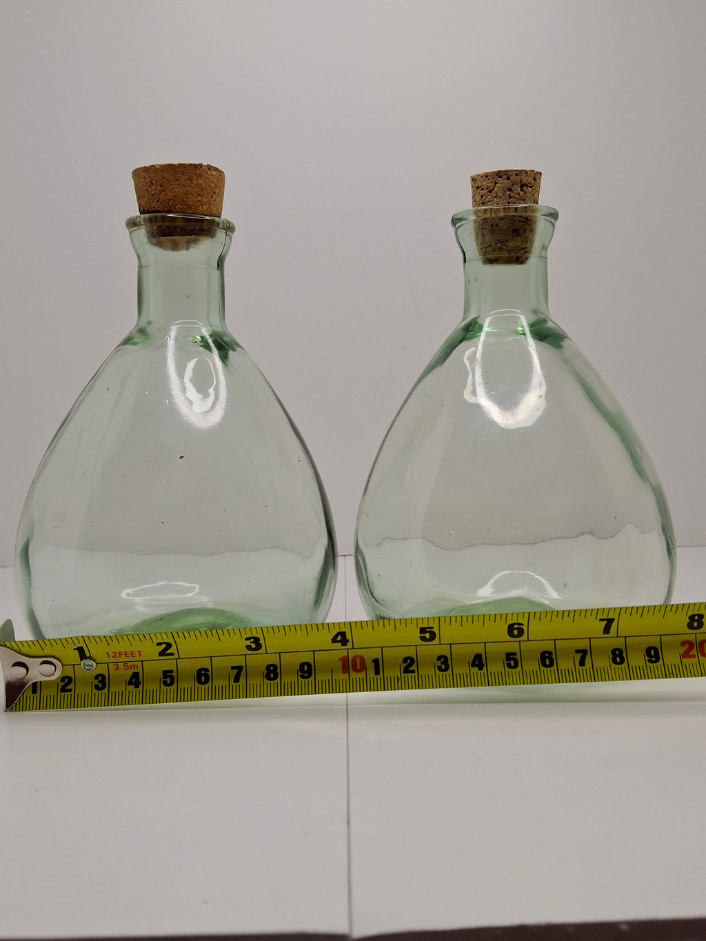 Pair Hand Blown Seeded Green Glass Bladder Bottles - Vintage Historical Style - Heavy Bubble Glass Decanters w/ Corks - 7" Rough Pontil