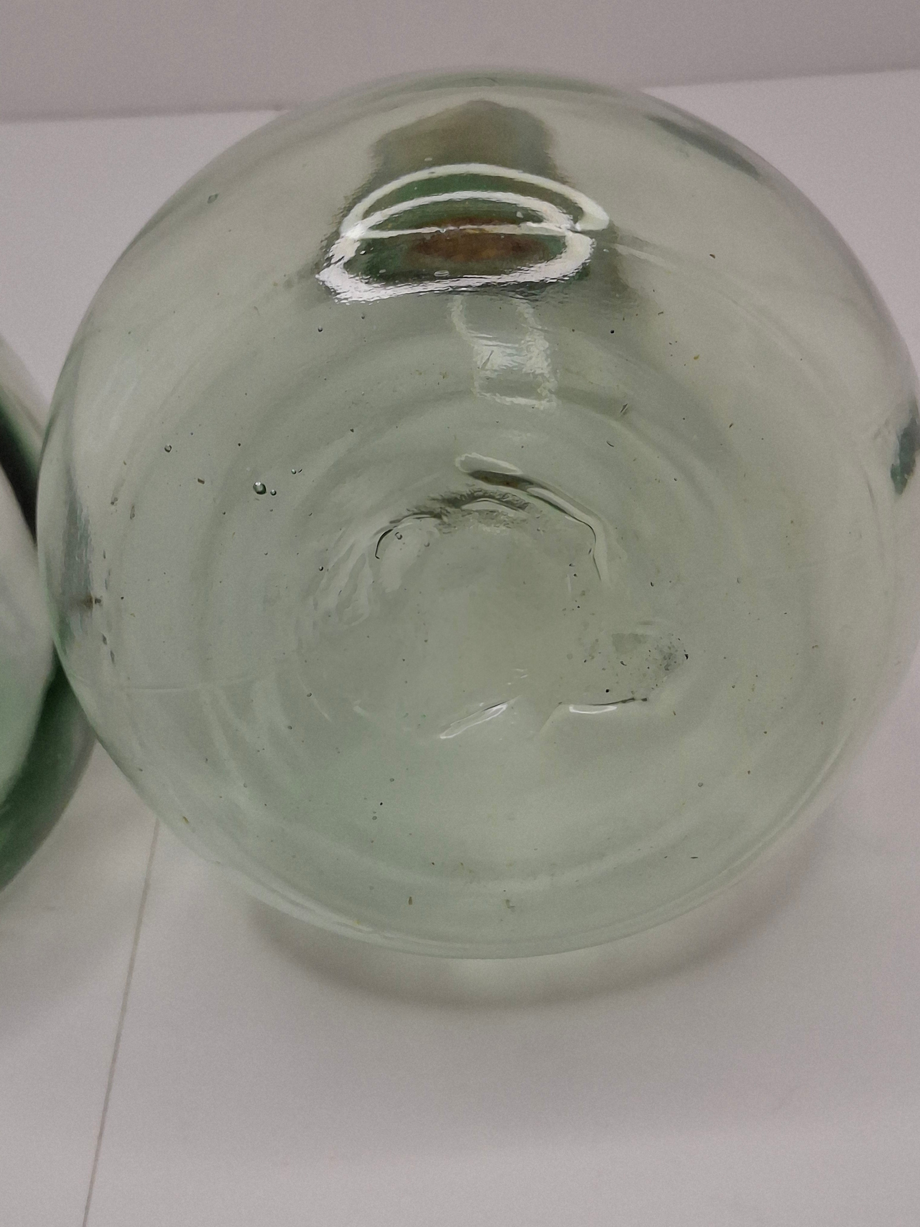 Pair of Hand-Blown Green Glass Conical Bottles with Pontil Marks & Cork Stoppers