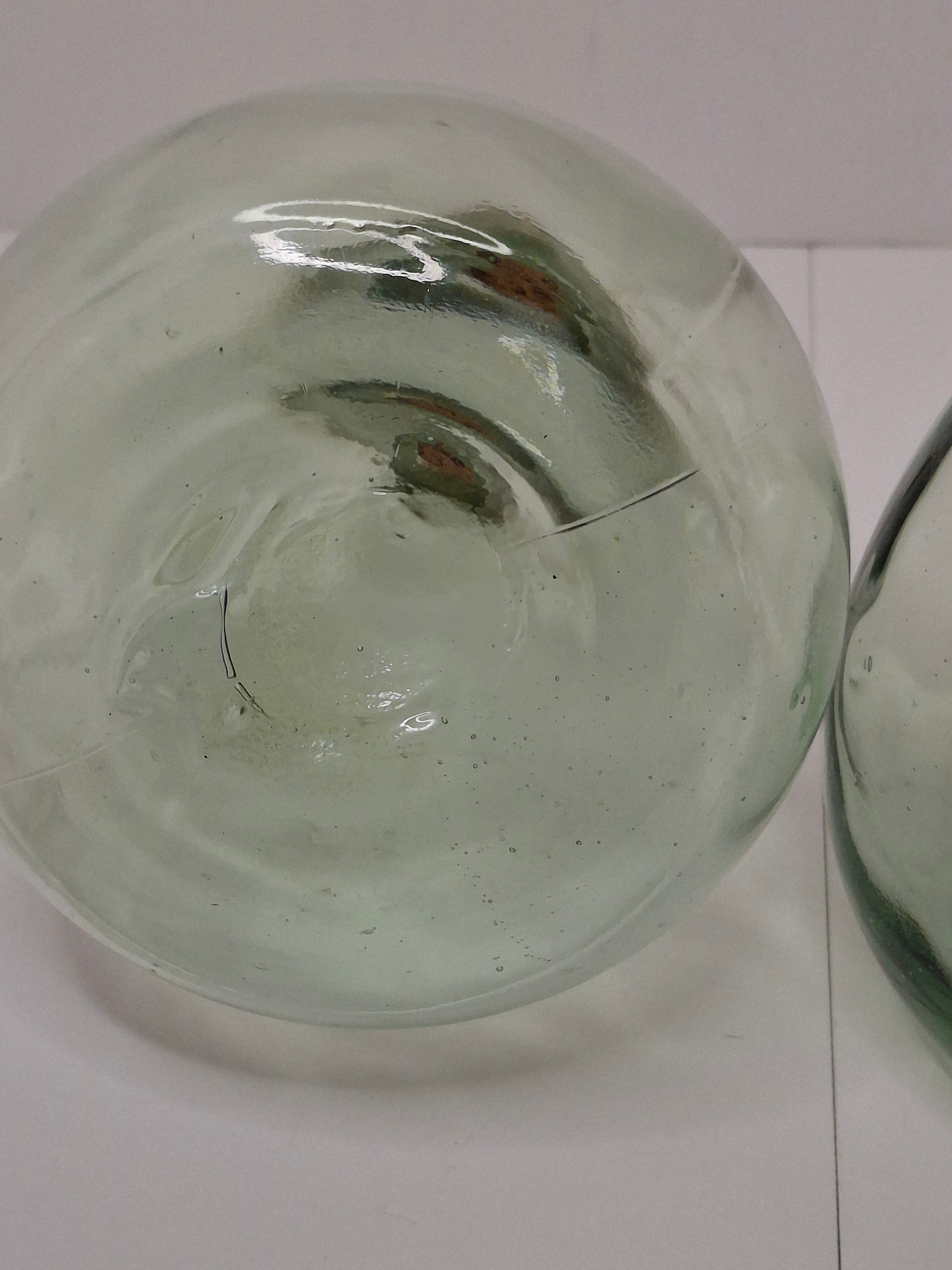 Pair Hand Blown Seeded Green Glass Bladder Bottles - Vintage Historical Style - Heavy Bubble Glass Decanters w/ Corks - 7" Rough Pontil