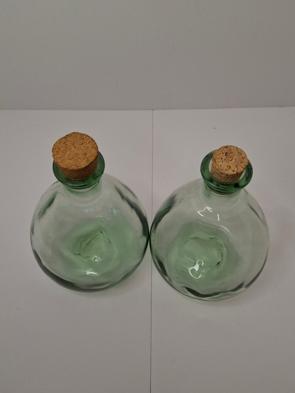Pair Hand Blown Seeded Green Glass Bladder Bottles - Vintage Historical Style - Heavy Bubble Glass Decanters w/ Corks - 7" Rough Pontil