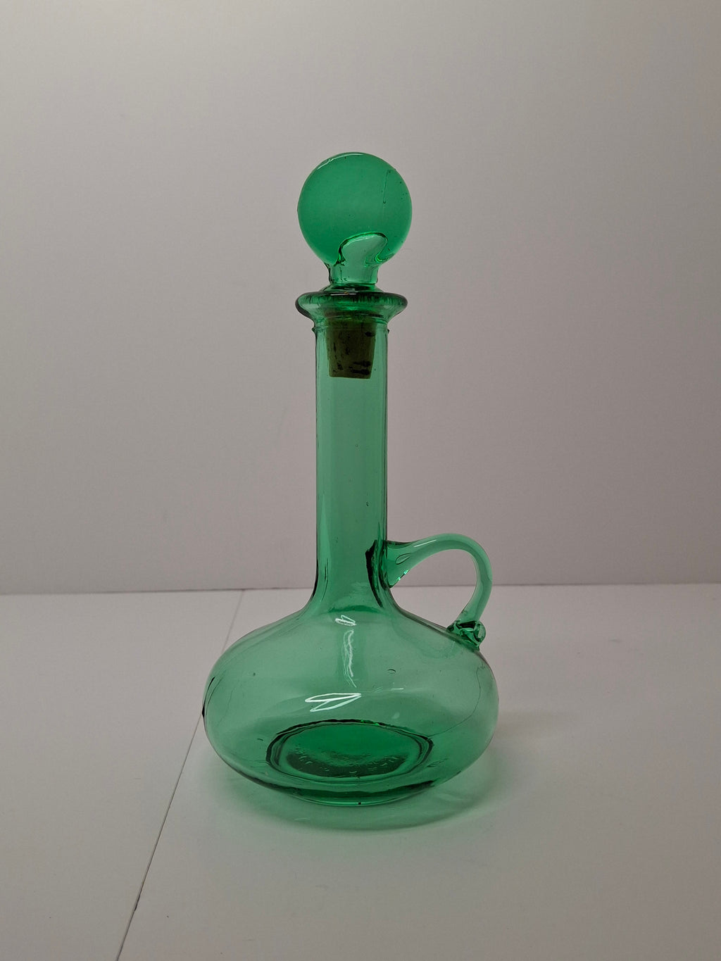 Hand-Blown Green Glass Decanter or Cruet w Applied Glass Loop Handle & Stopper