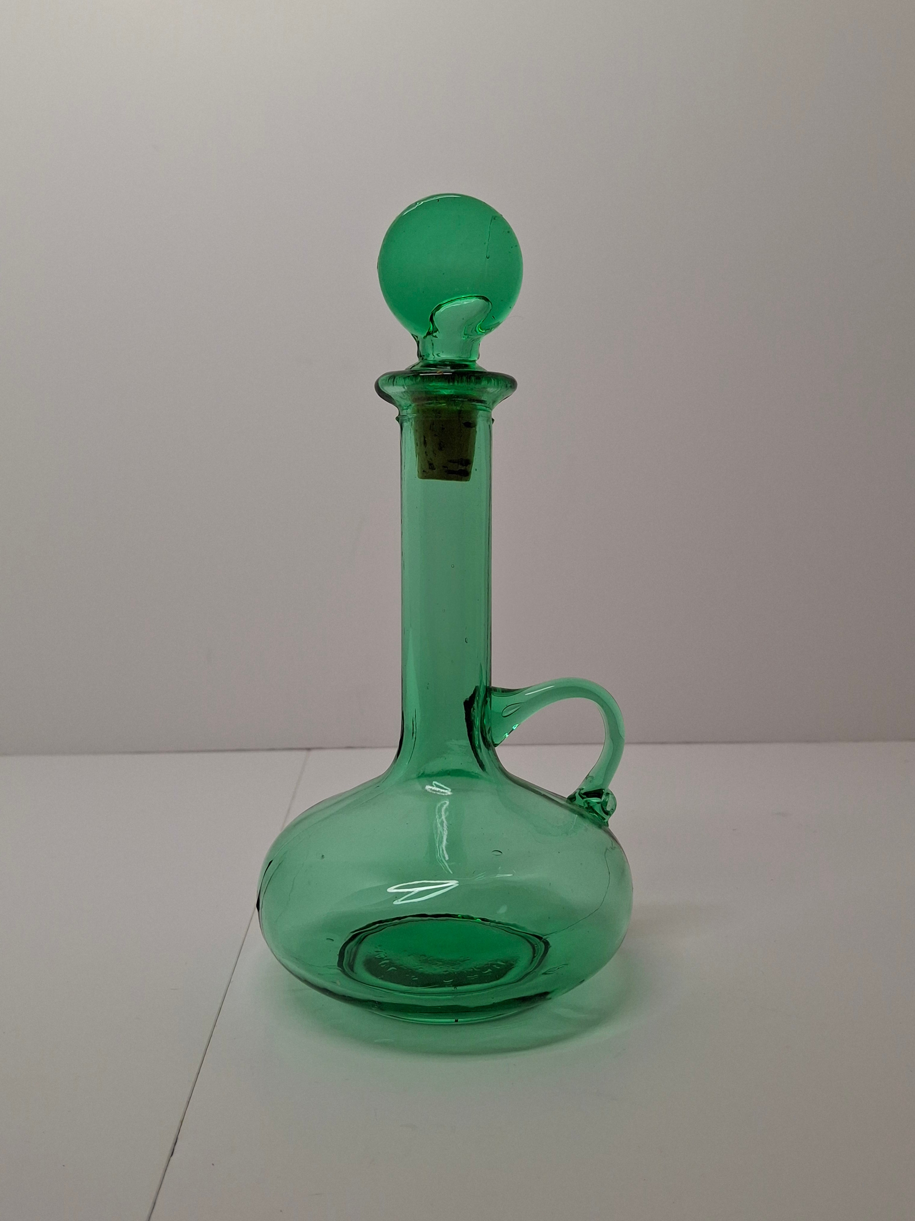 Hand-Blown Green Glass Decanter or Cruet w Applied Glass Loop Handle & Stopper