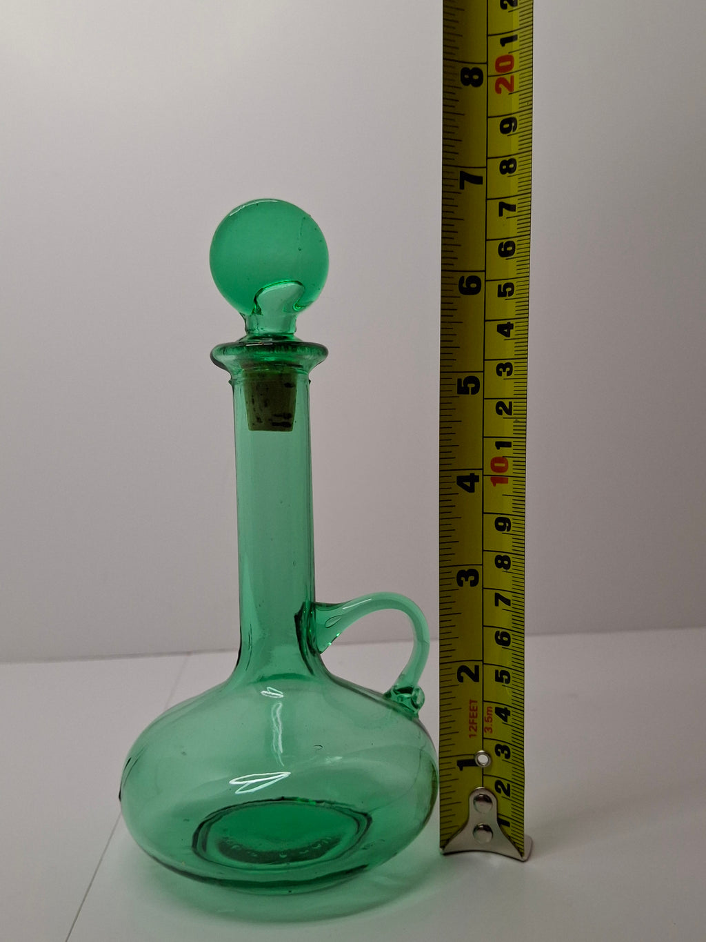 Hand-Blown Green Glass Decanter or Cruet w Applied Glass Loop Handle & Stopper
