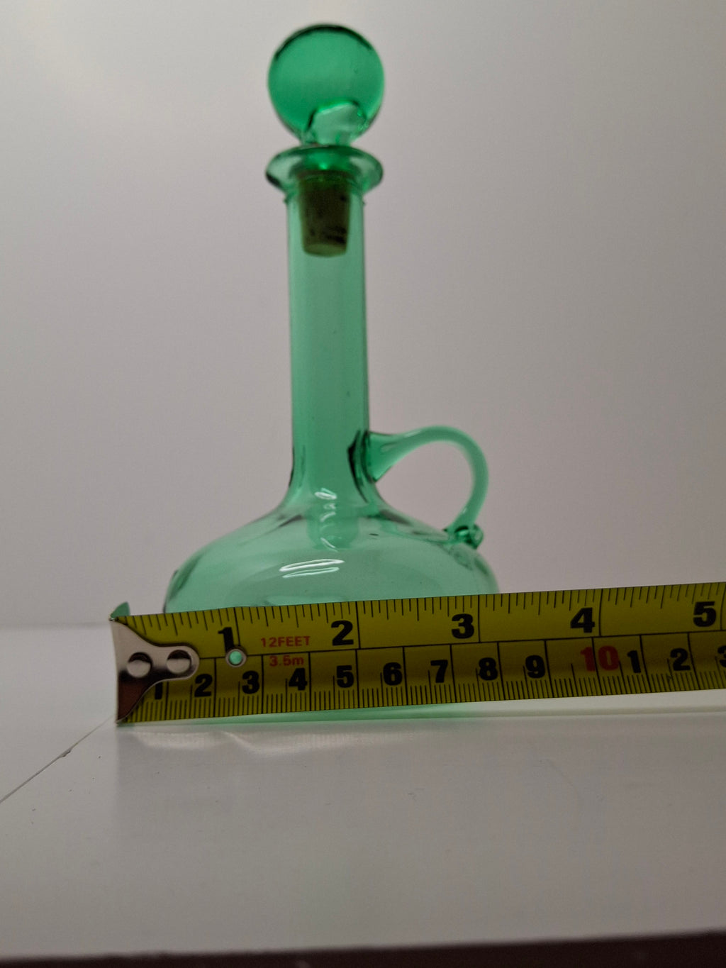 Hand-Blown Green Glass Decanter or Cruet w Applied Glass Loop Handle & Stopper