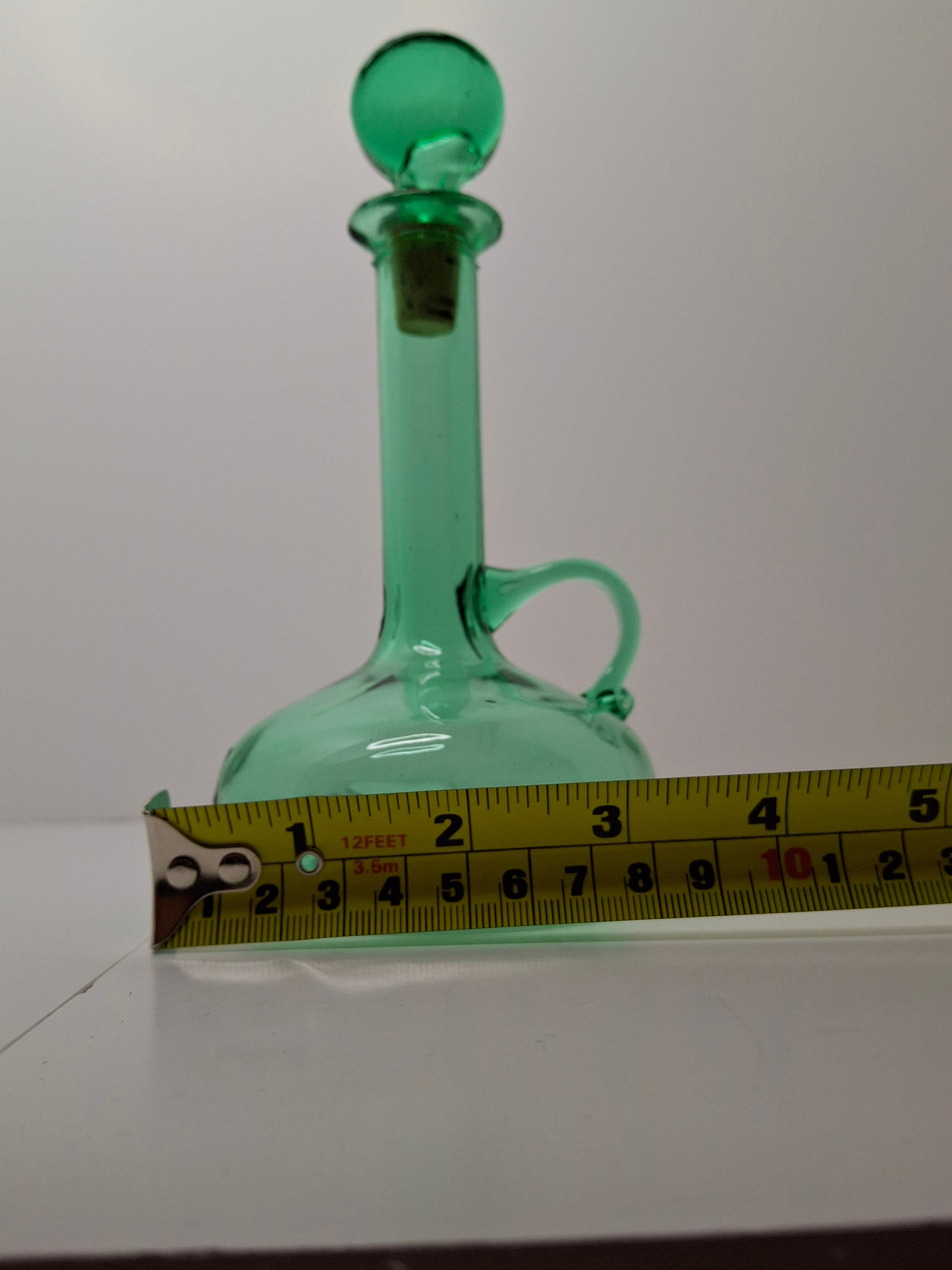 Hand-Blown Green Glass Decanter or Cruet w Applied Glass Loop Handle & Stopper