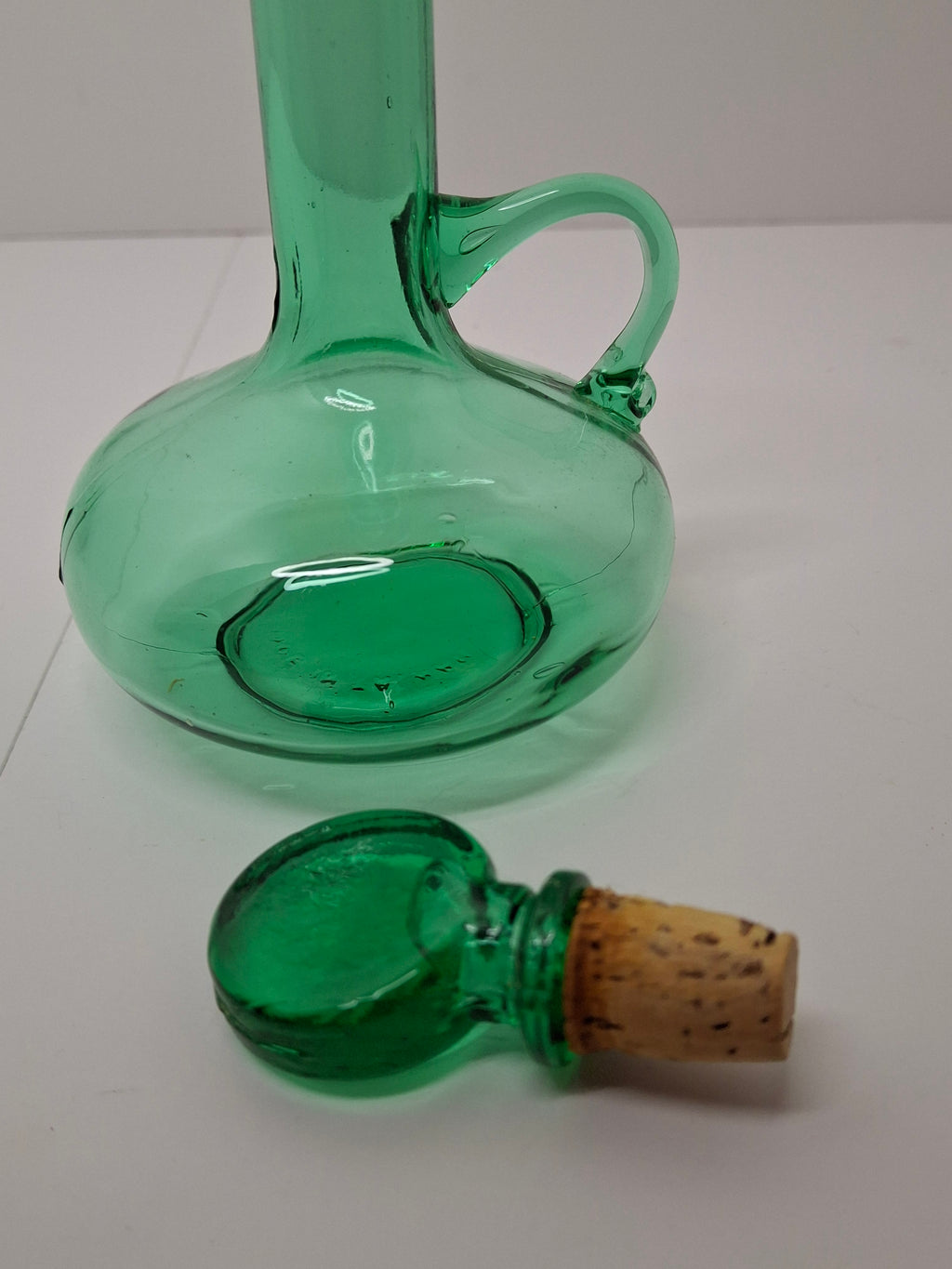 Hand-Blown Green Glass Decanter or Cruet w Applied Glass Loop Handle & Stopper