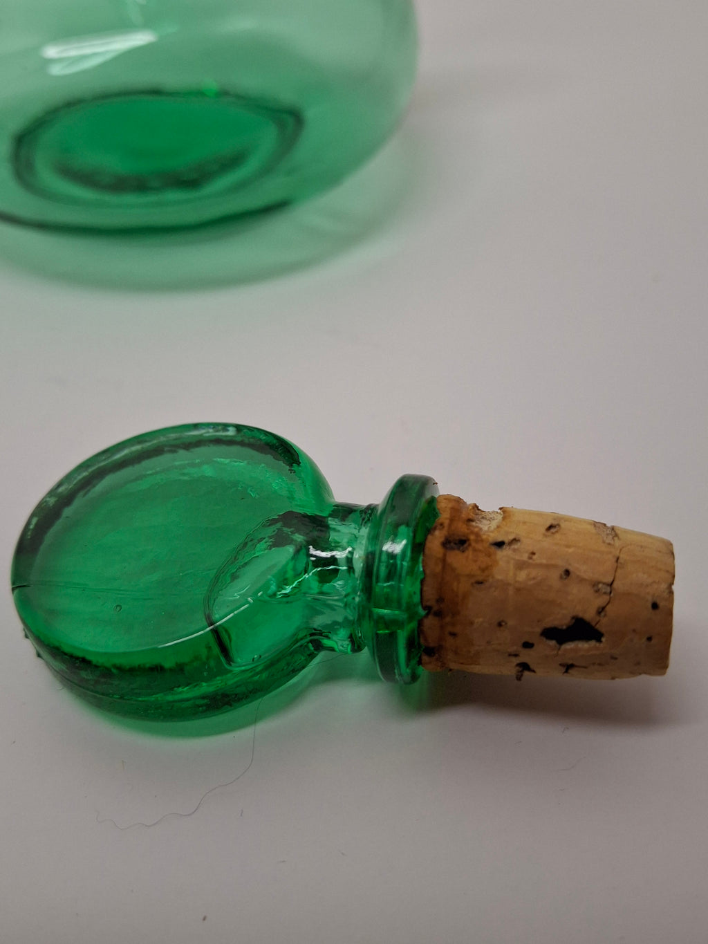 Hand-Blown Green Glass Decanter or Cruet w Applied Glass Loop Handle & Stopper