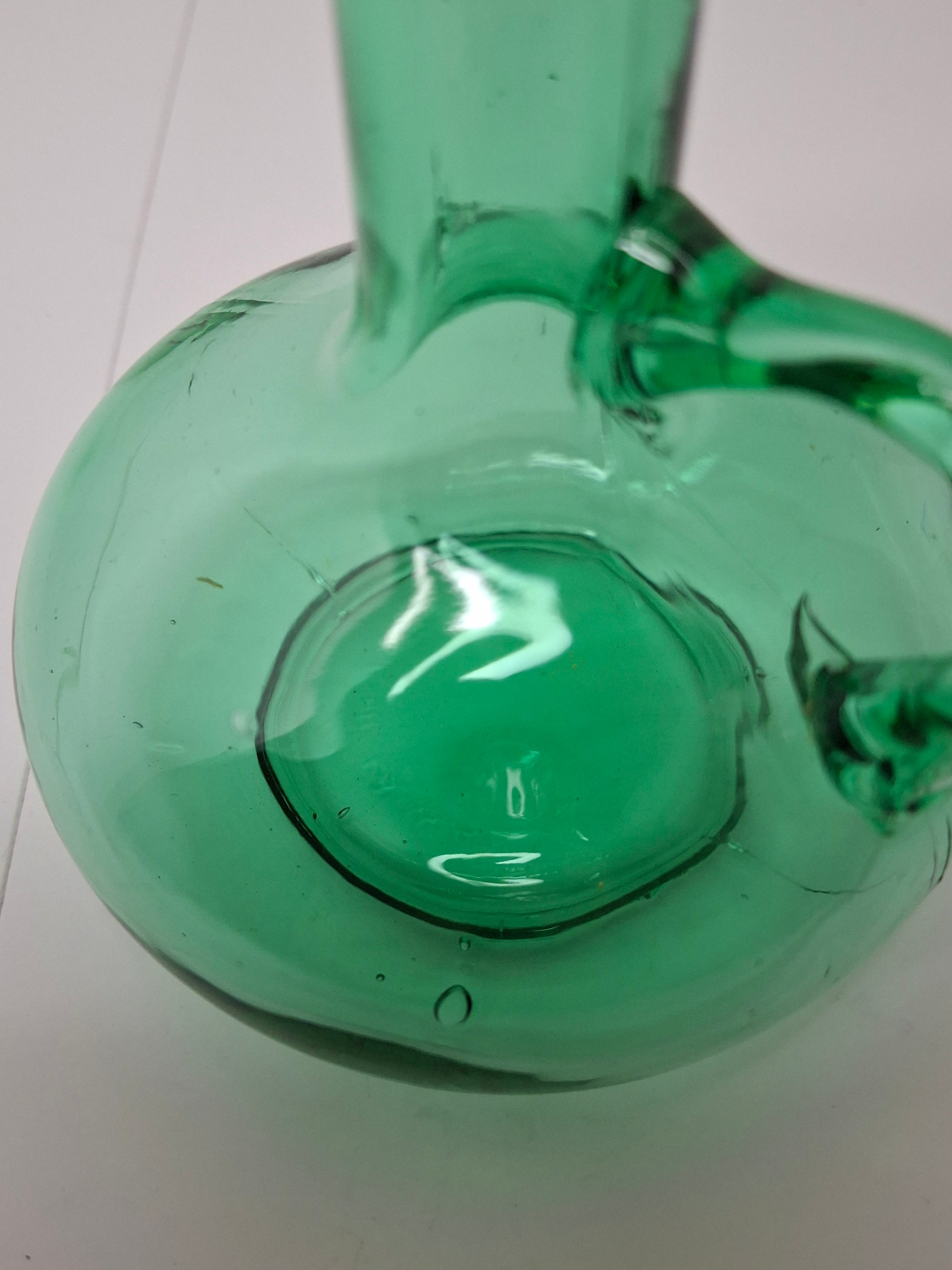 Hand-Blown Green Glass Decanter or Cruet w Applied Glass Loop Handle & Stopper