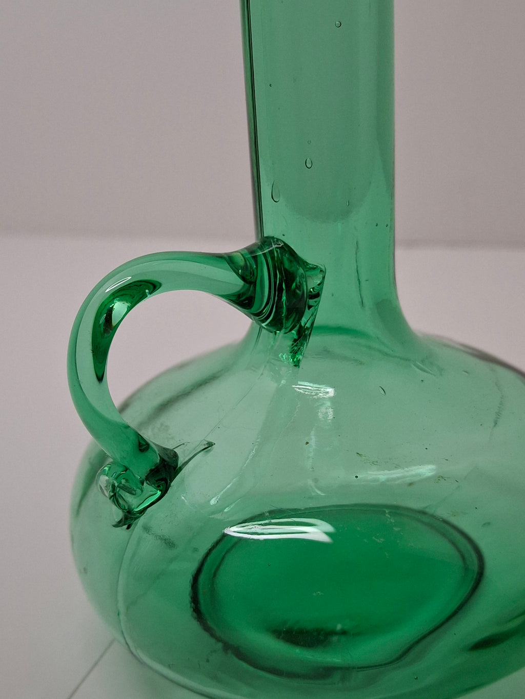 Hand-Blown Green Glass Decanter or Cruet w Applied Glass Loop Handle & Stopper