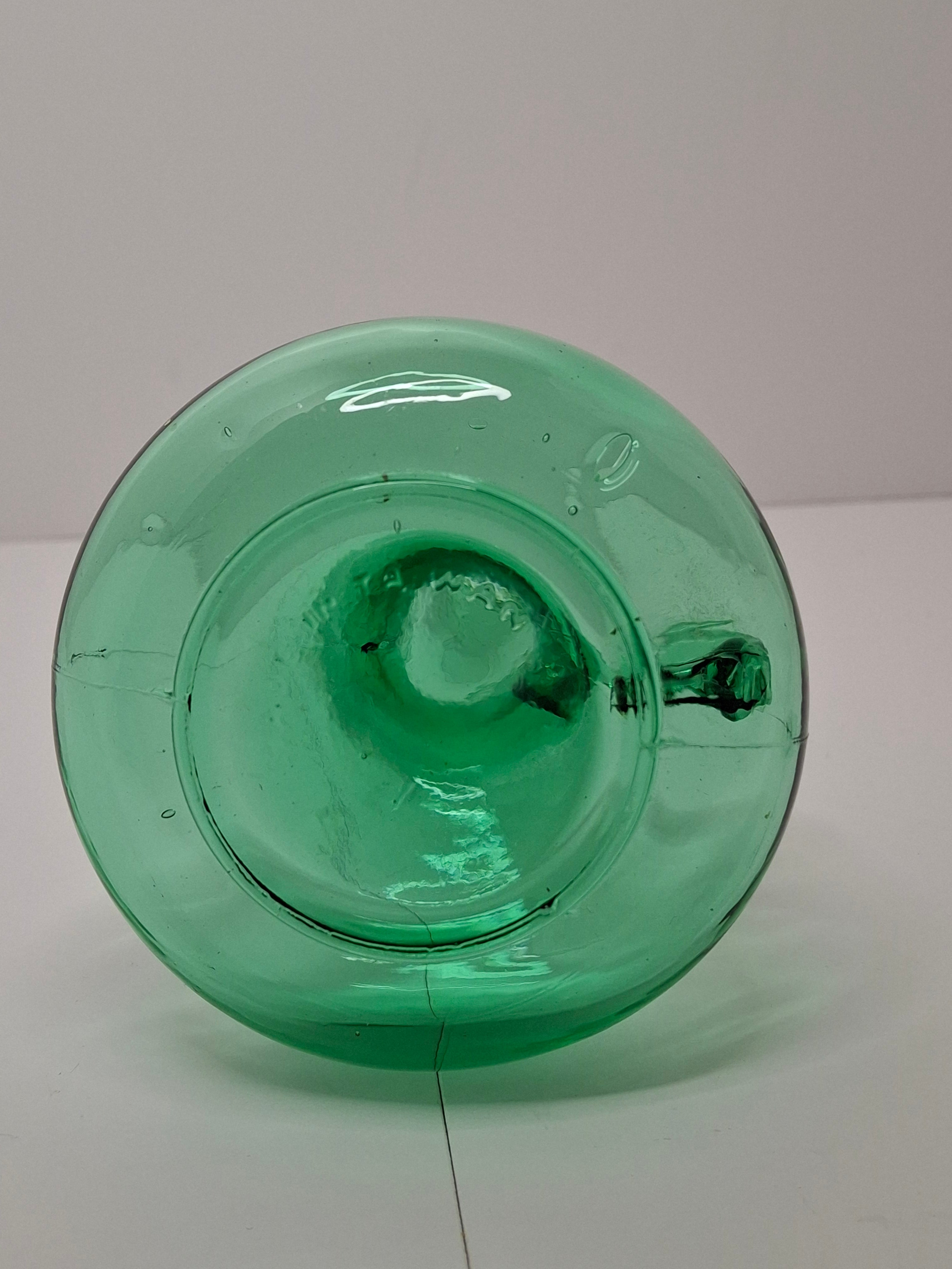 Hand-Blown Green Glass Decanter or Cruet w Applied Glass Loop Handle & Stopper