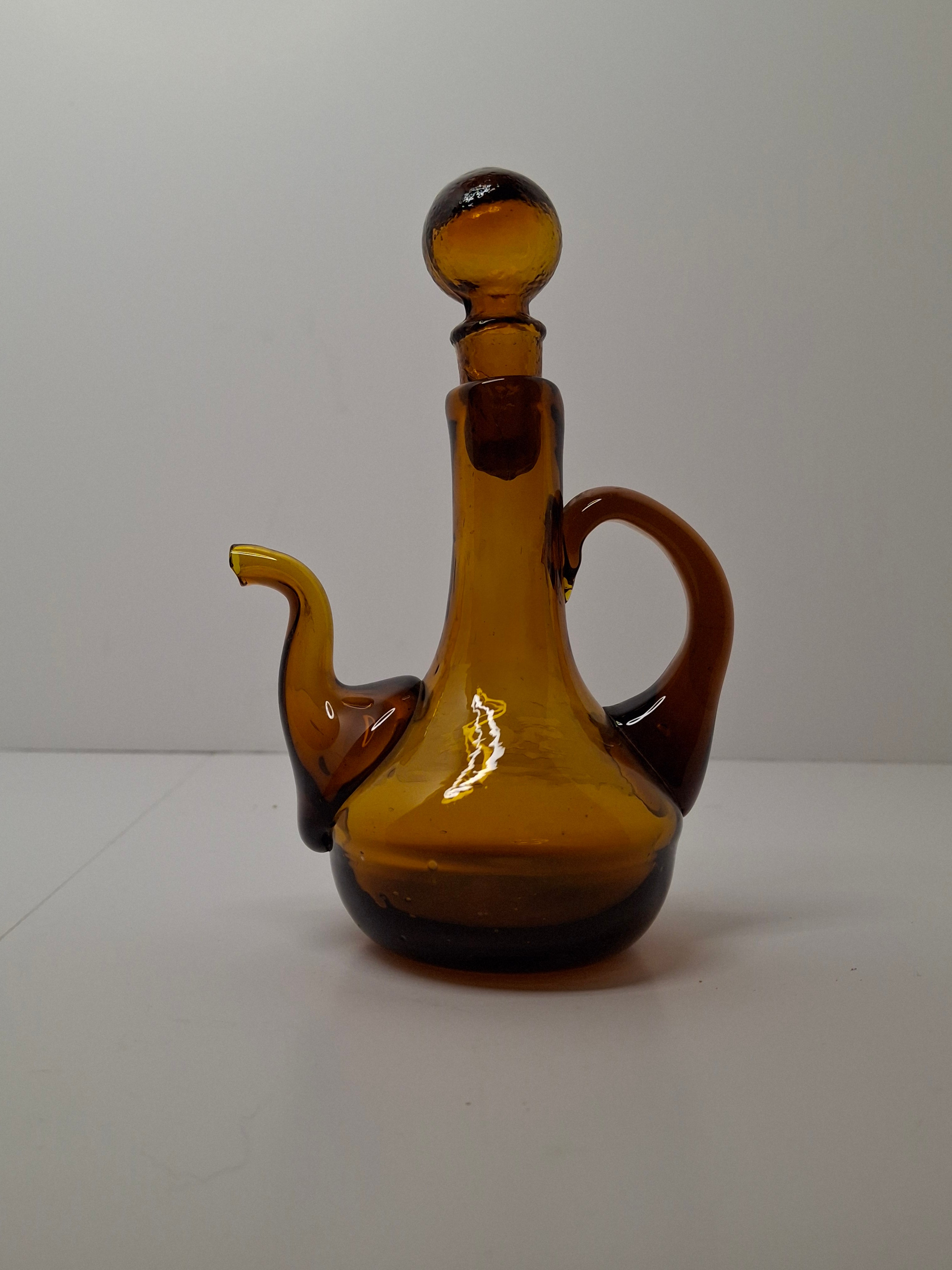 Mid-Century Hand-Blown Amber Glass Cruet Jug with Stopper, Applied Handle/Spout