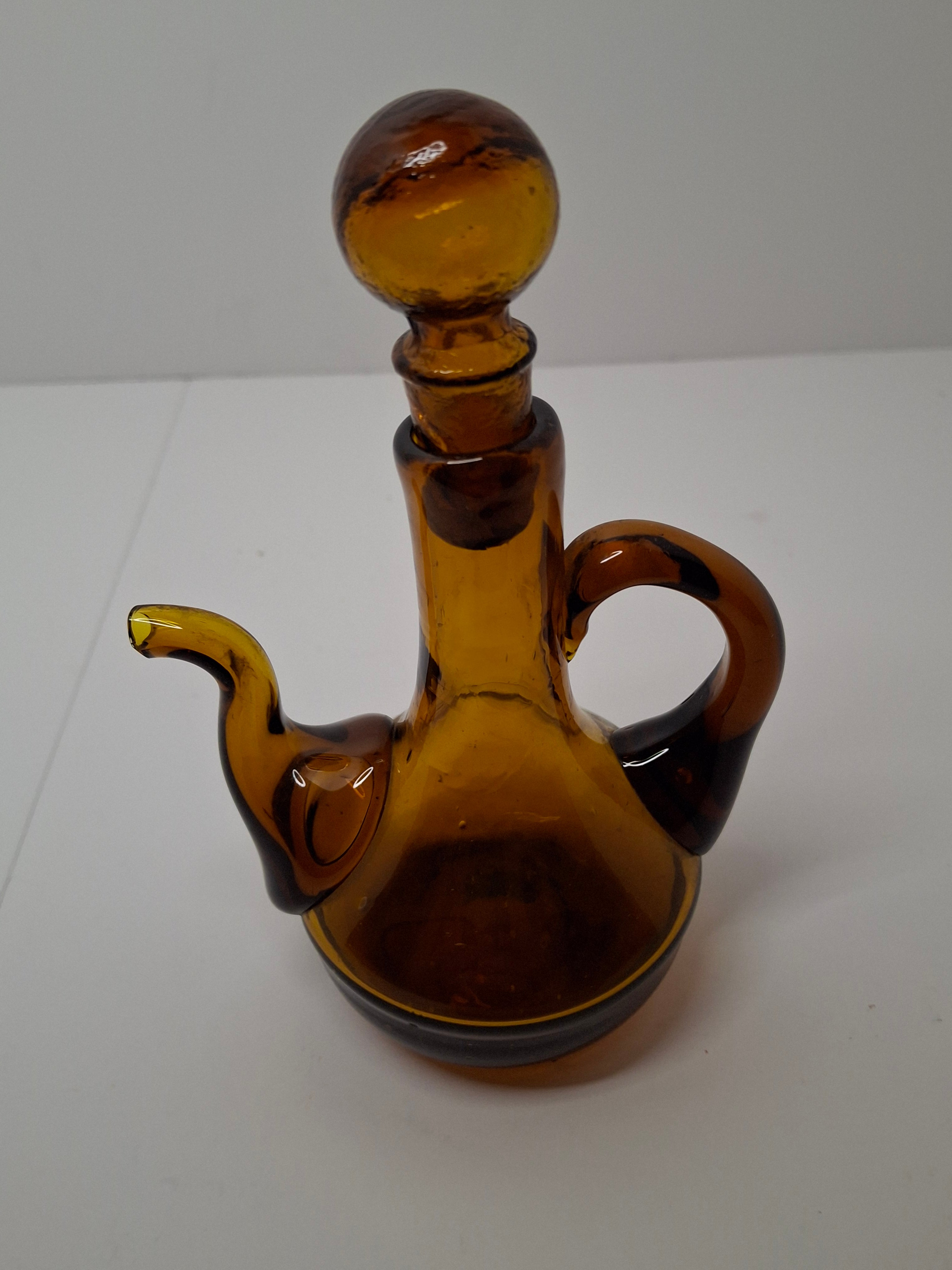 Mid-Century Hand-Blown Amber Glass Cruet Jug with Stopper, Applied Handle/Spout