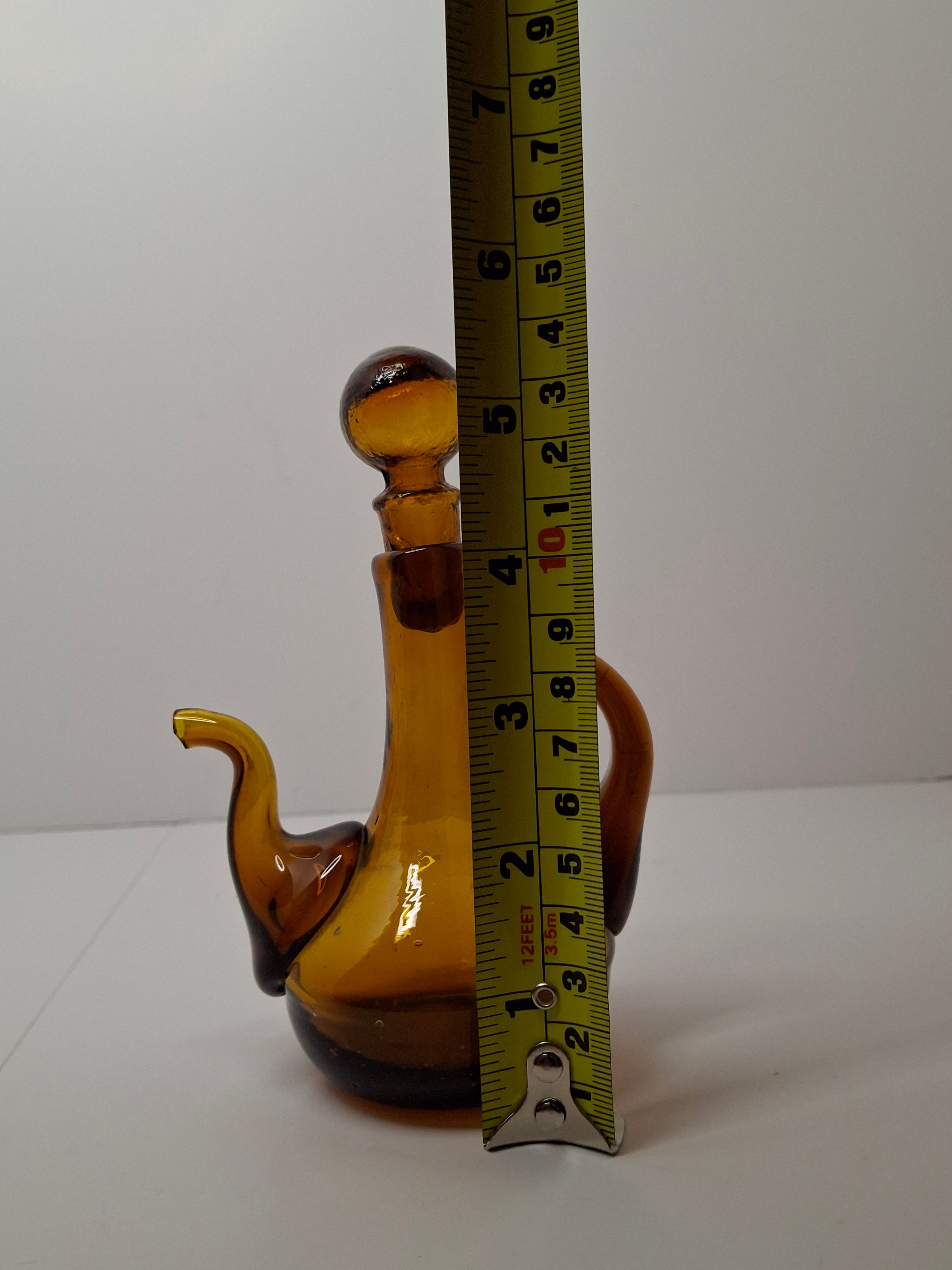 Mid-Century Hand-Blown Amber Glass Cruet Jug with Stopper, Applied Handle/Spout