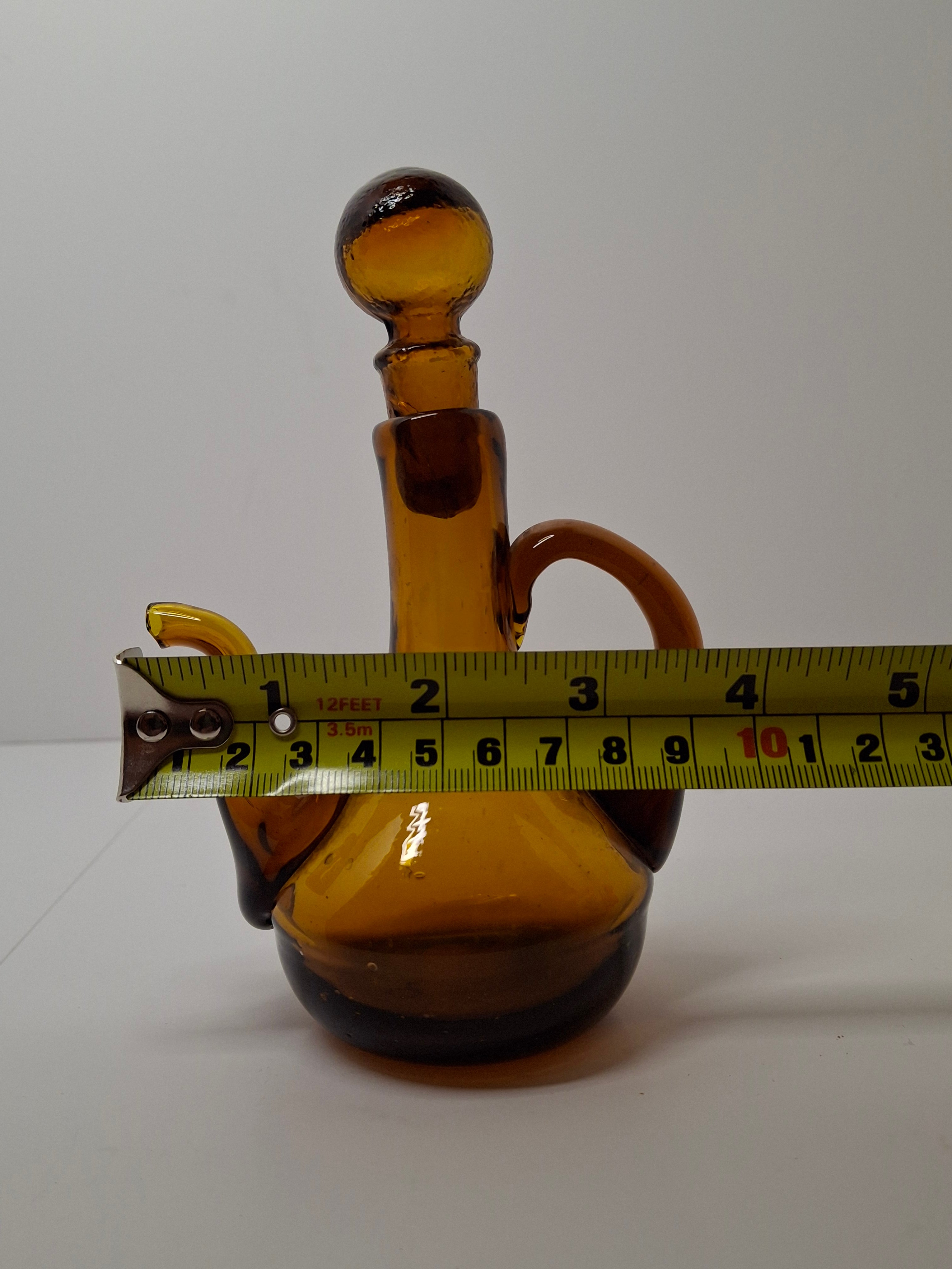 Mid-Century Hand-Blown Amber Glass Cruet Jug with Stopper, Applied Handle/Spout