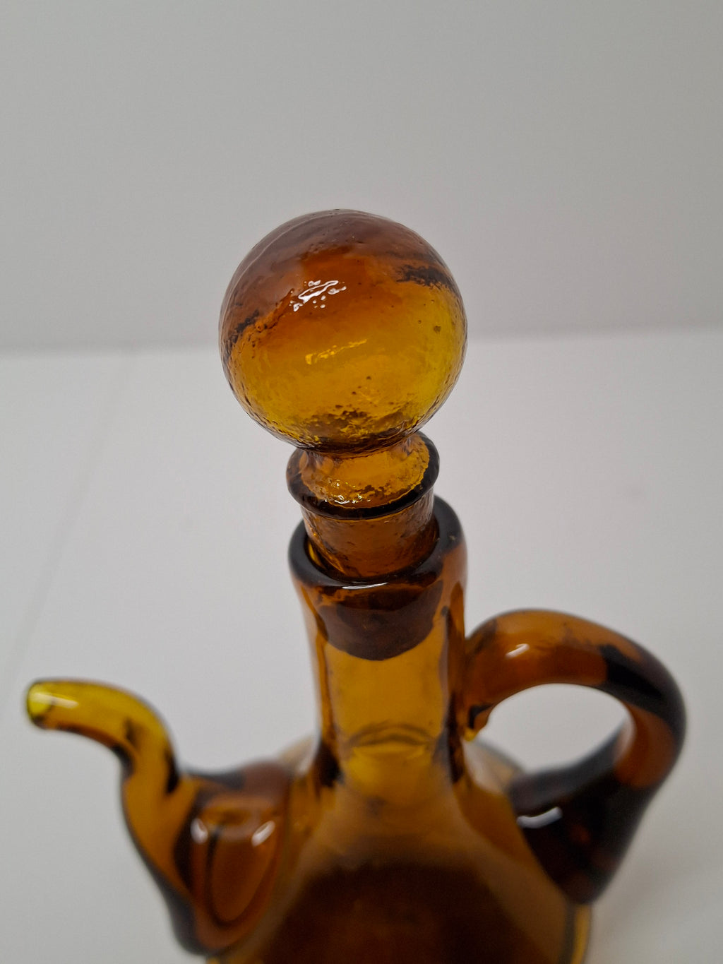 Mid-Century Hand-Blown Amber Glass Cruet Jug with Stopper, Applied Handle/Spout