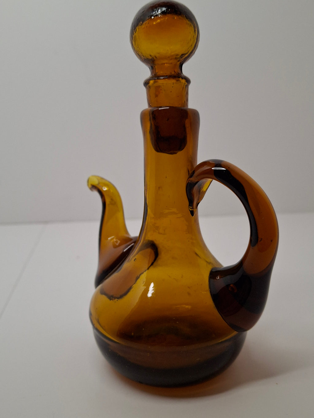 Mid-Century Hand-Blown Amber Glass Cruet Jug with Stopper, Applied Handle/Spout