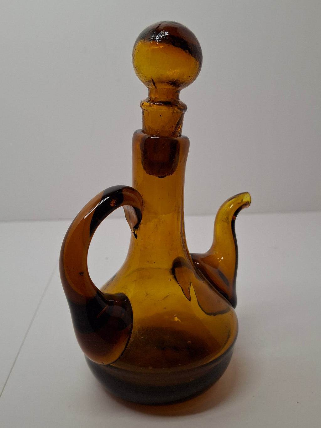 Mid-Century Hand-Blown Amber Glass Cruet Jug with Stopper, Applied Handle/Spout
