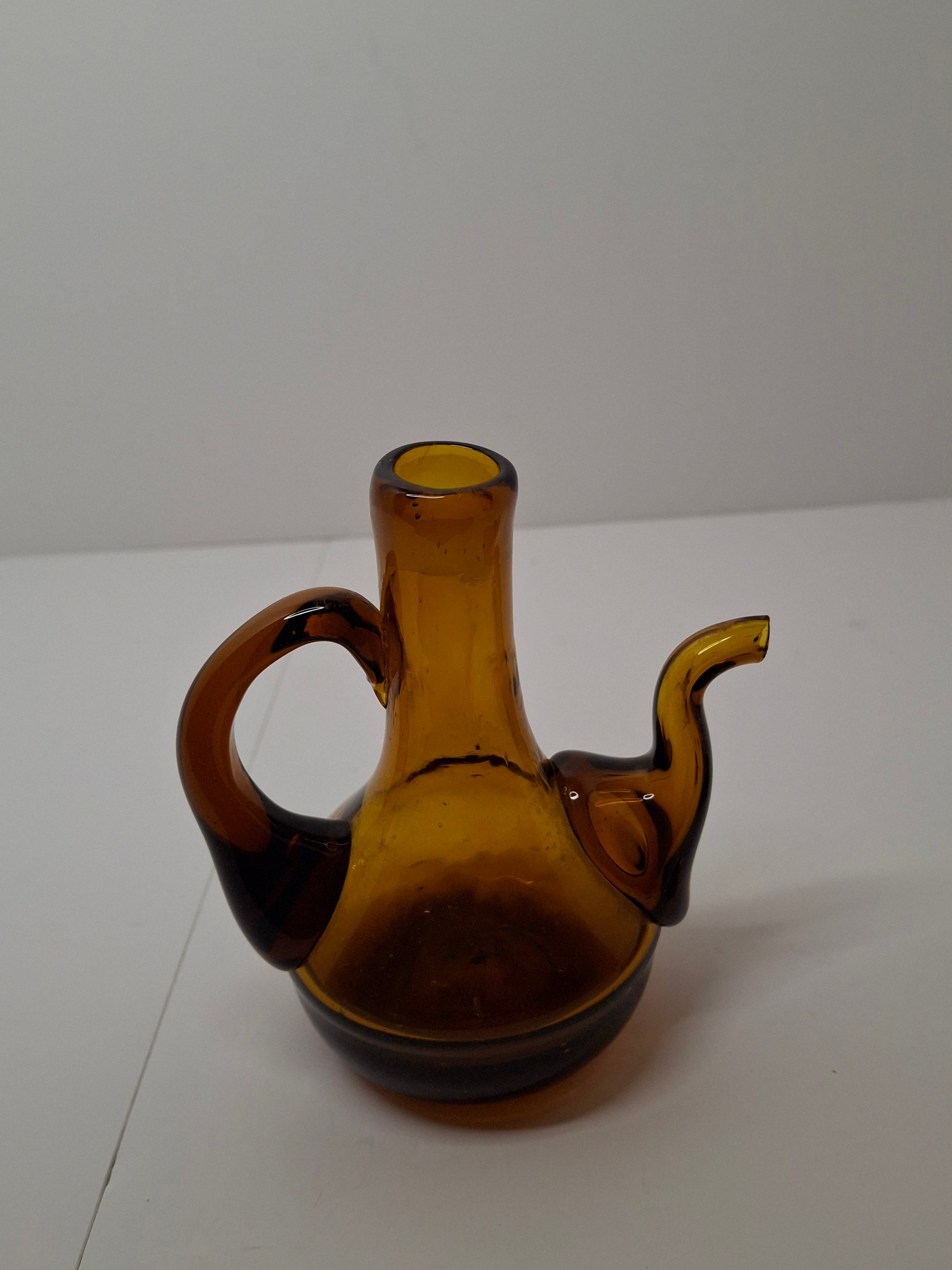 Mid-Century Hand-Blown Amber Glass Cruet Jug with Stopper, Applied Handle/Spout