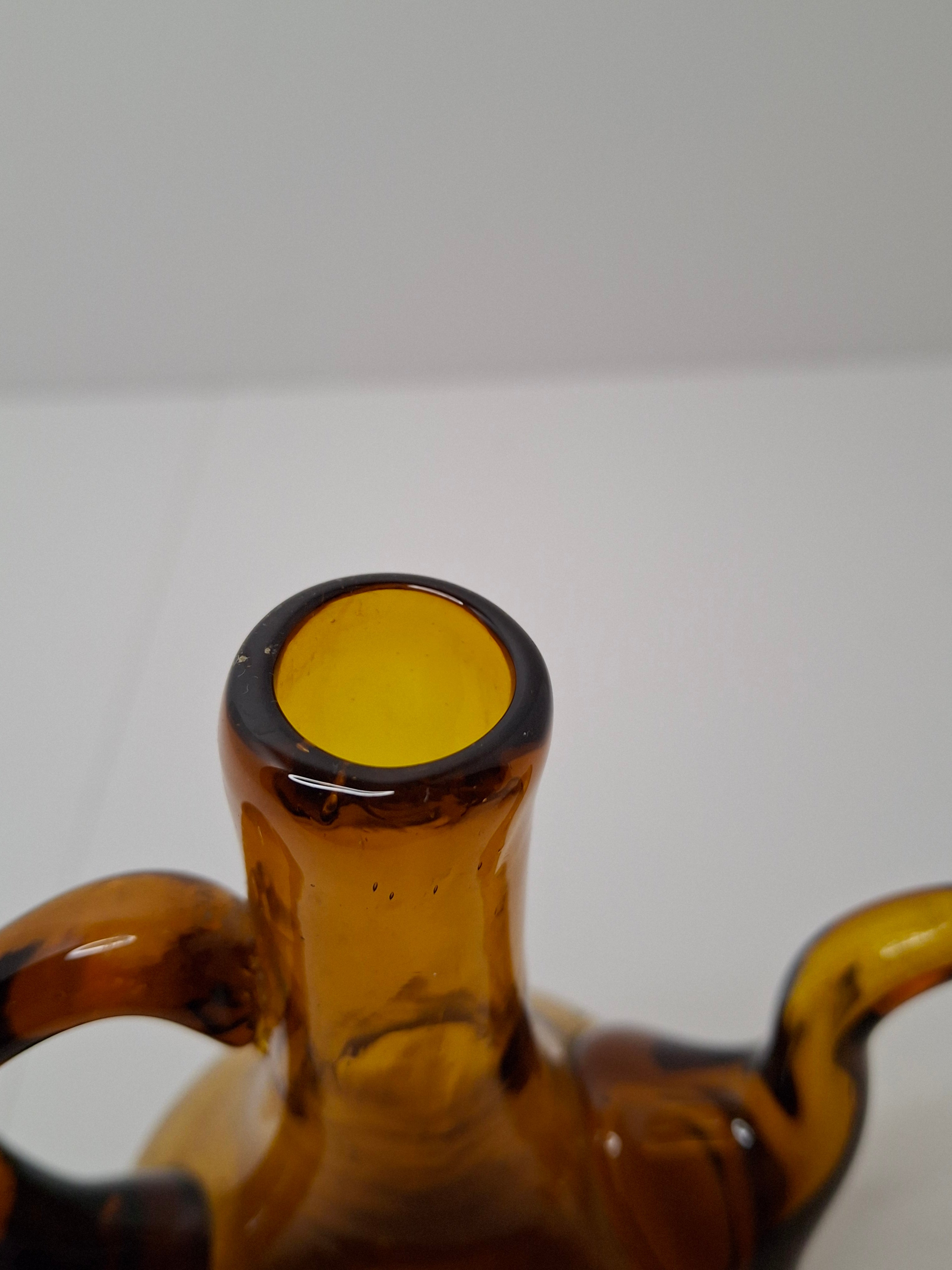 Mid-Century Hand-Blown Amber Glass Cruet Jug with Stopper, Applied Handle/Spout