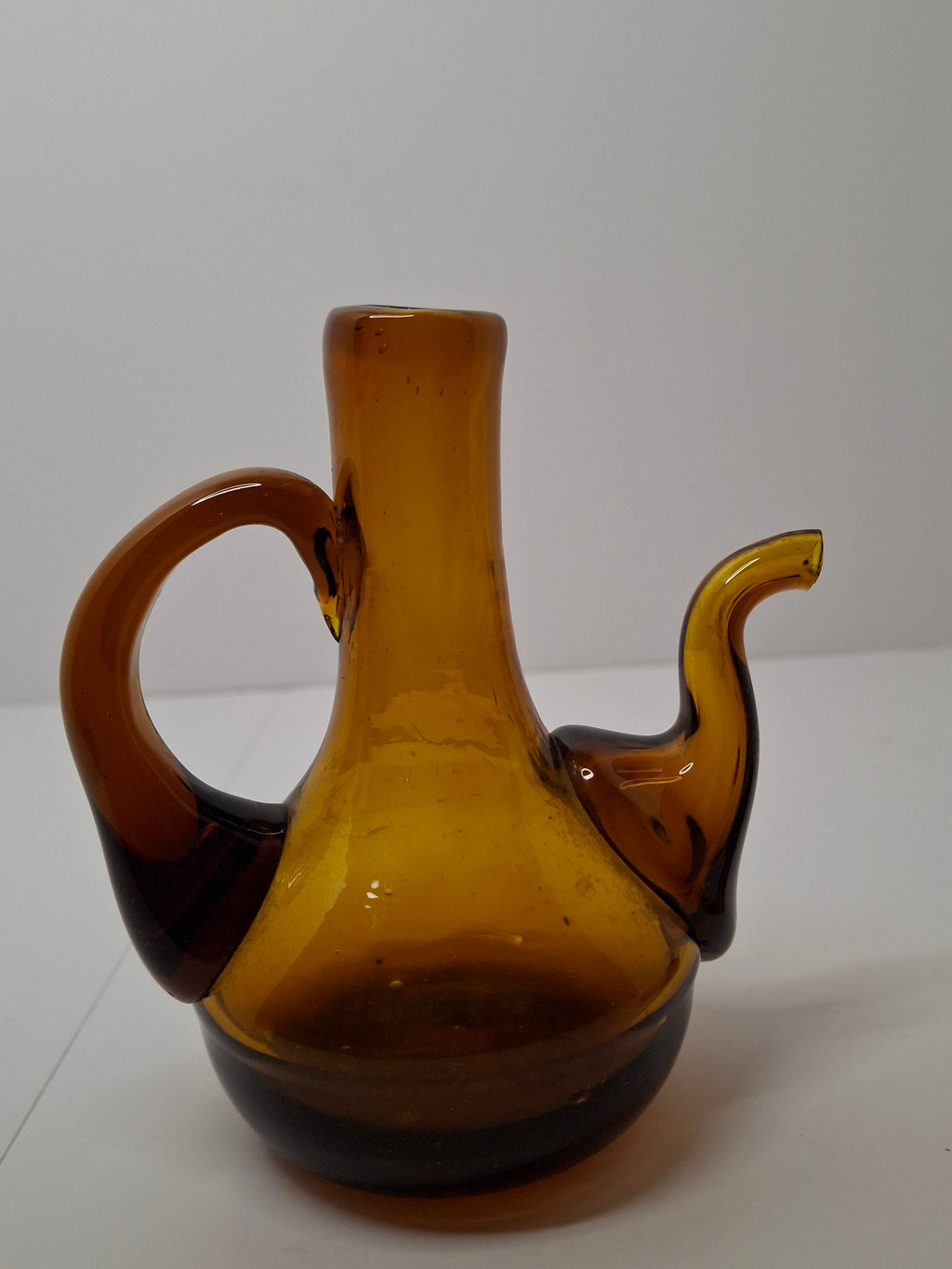 Mid-Century Hand-Blown Amber Glass Cruet Jug with Stopper, Applied Handle/Spout
