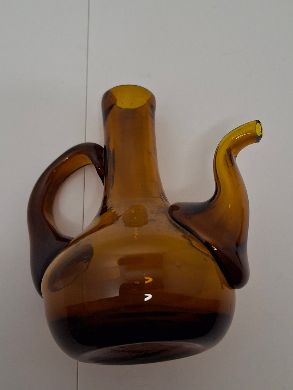 Mid-Century Hand-Blown Amber Glass Cruet Jug with Stopper, Applied Handle/Spout