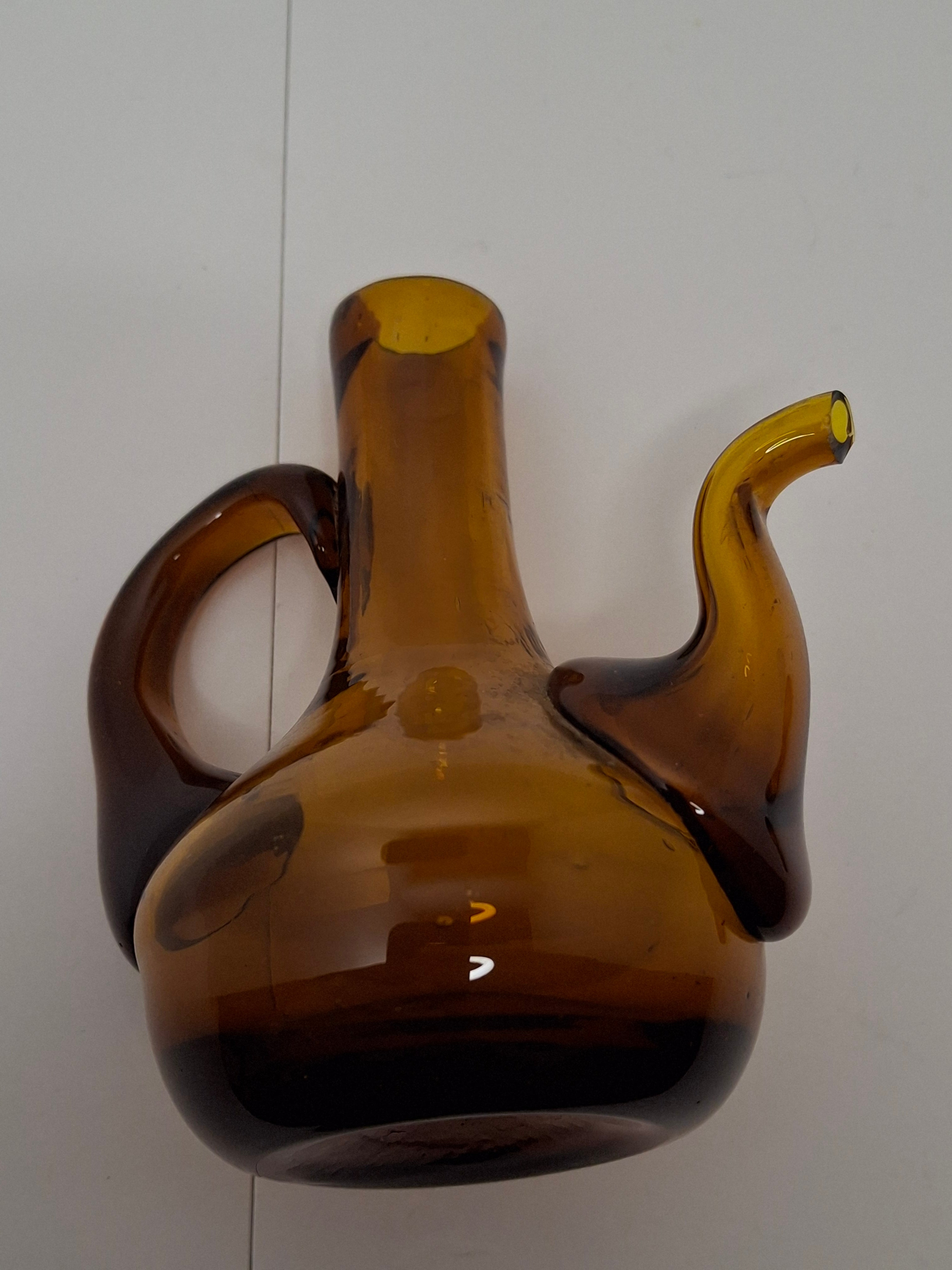 Mid-Century Hand-Blown Amber Glass Cruet Jug with Stopper, Applied Handle/Spout