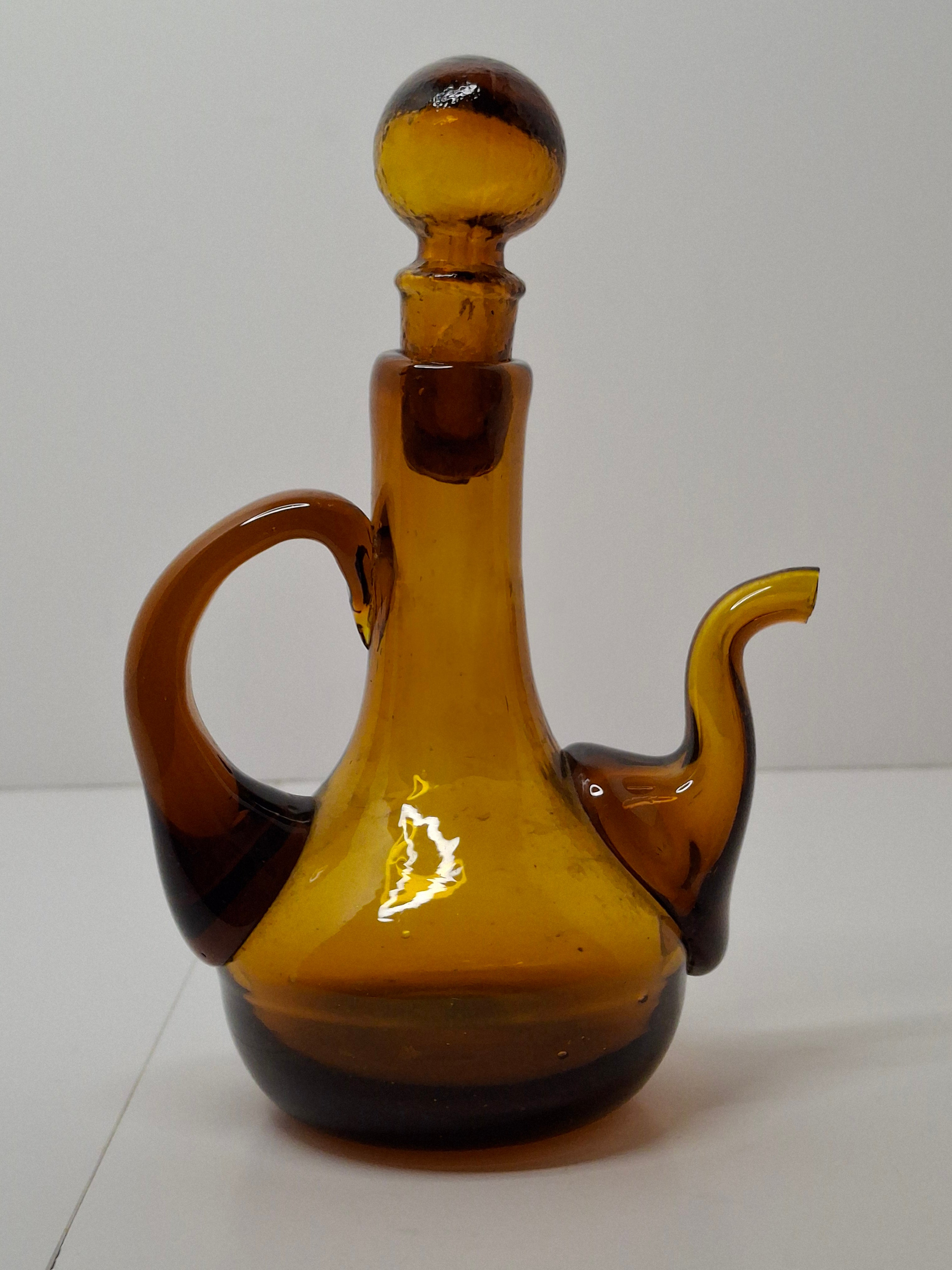 Mid-Century Hand-Blown Amber Glass Cruet Jug with Stopper, Applied Handle/Spout