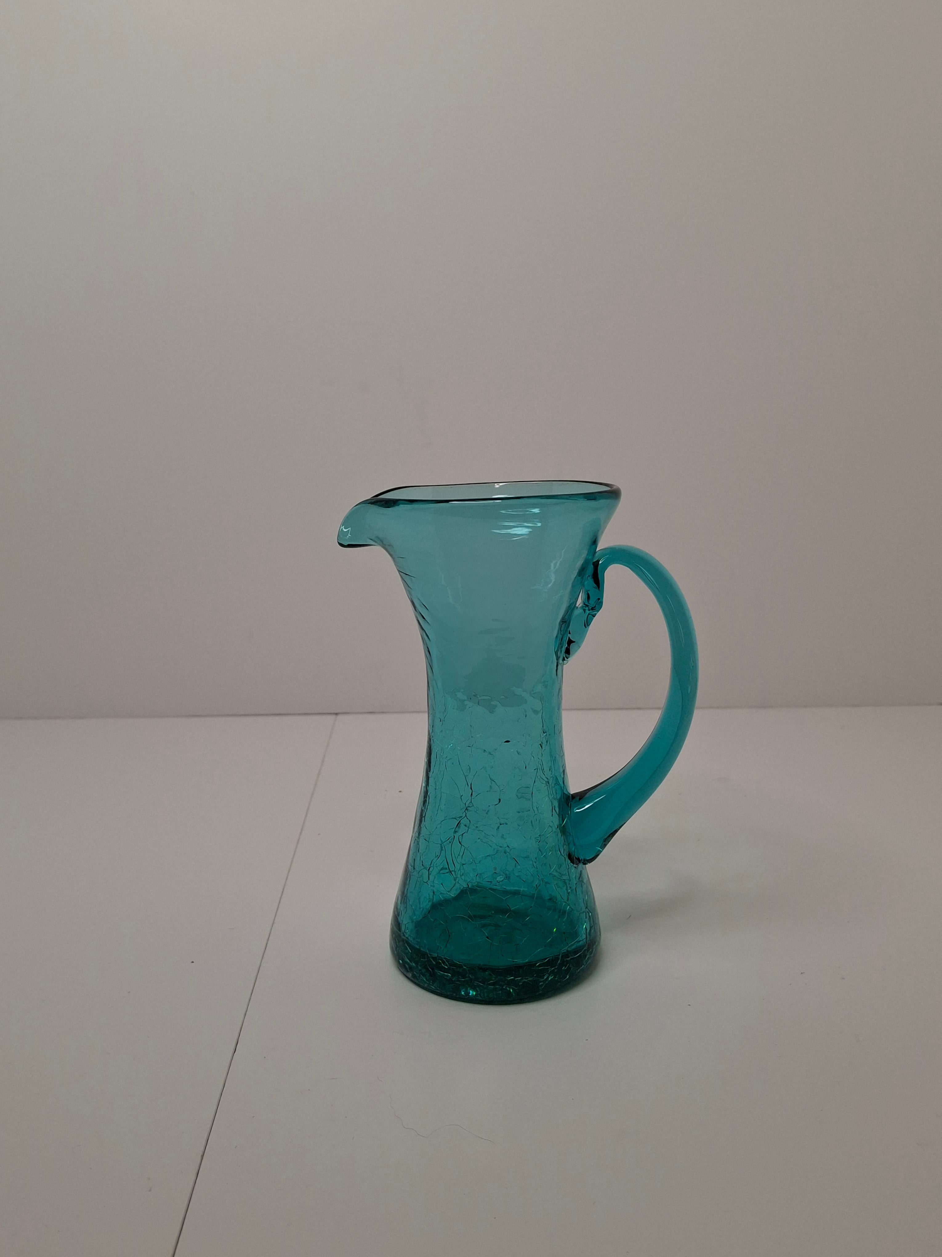 Vintage Mid-Century Turquoise Crackle Glass Mini Pitcher - Hand-Blown Ewer
