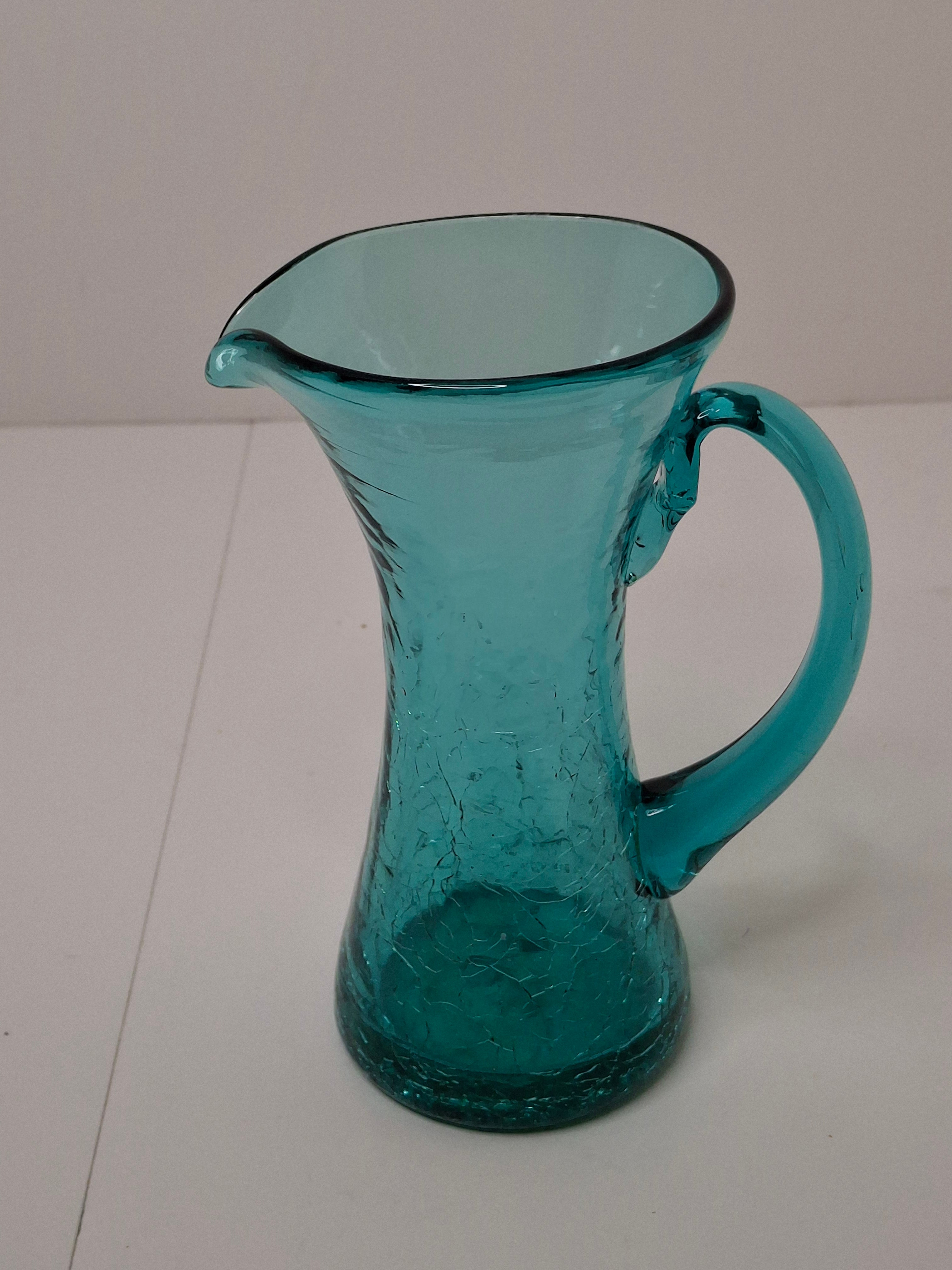 Vintage Mid-Century Turquoise Crackle Glass Mini Pitcher - Hand-Blown Ewer