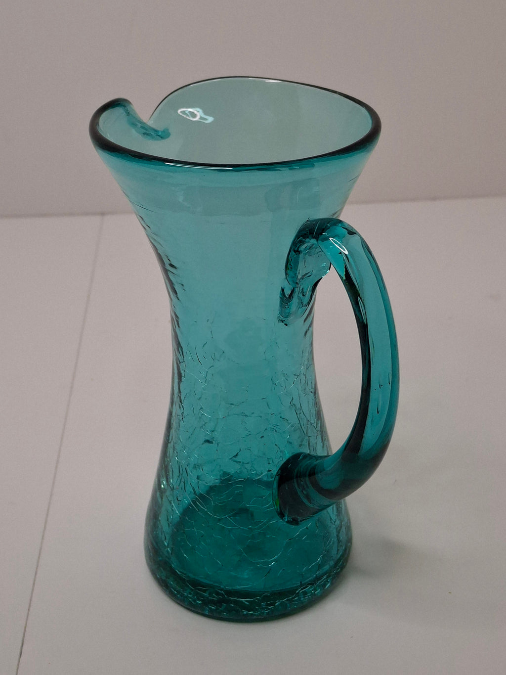 Vintage Mid-Century Turquoise Crackle Glass Mini Pitcher - Hand-Blown Ewer
