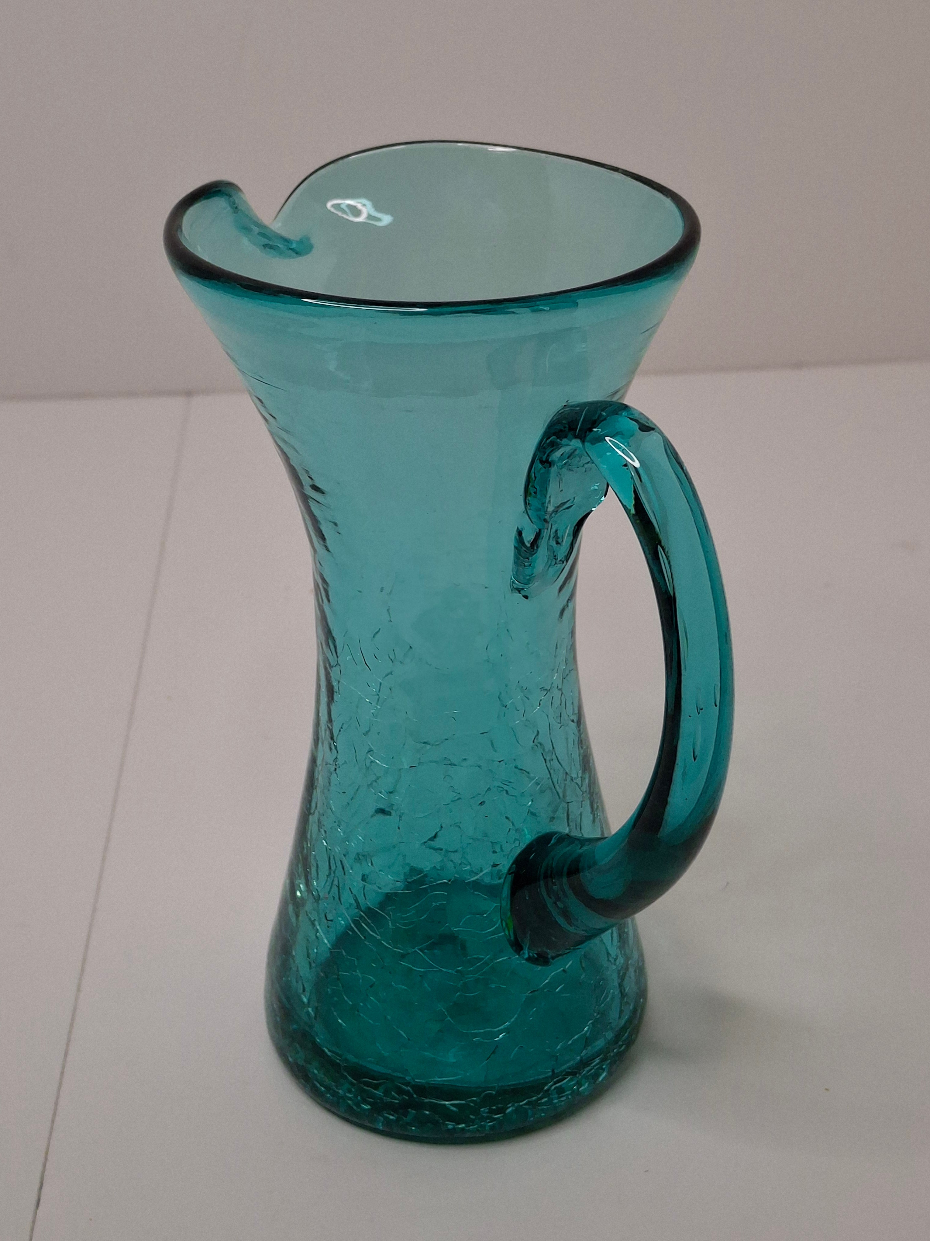 Vintage Mid-Century Turquoise Crackle Glass Mini Pitcher - Hand-Blown Ewer