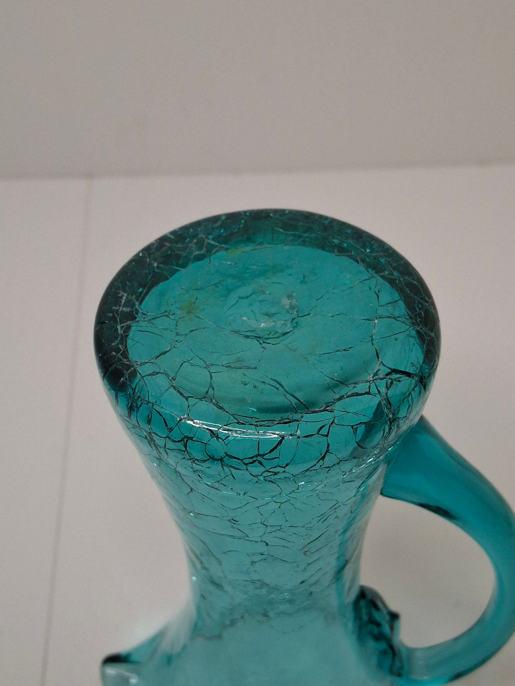 Vintage Mid-Century Turquoise Crackle Glass Mini Pitcher - Hand-Blown Ewer