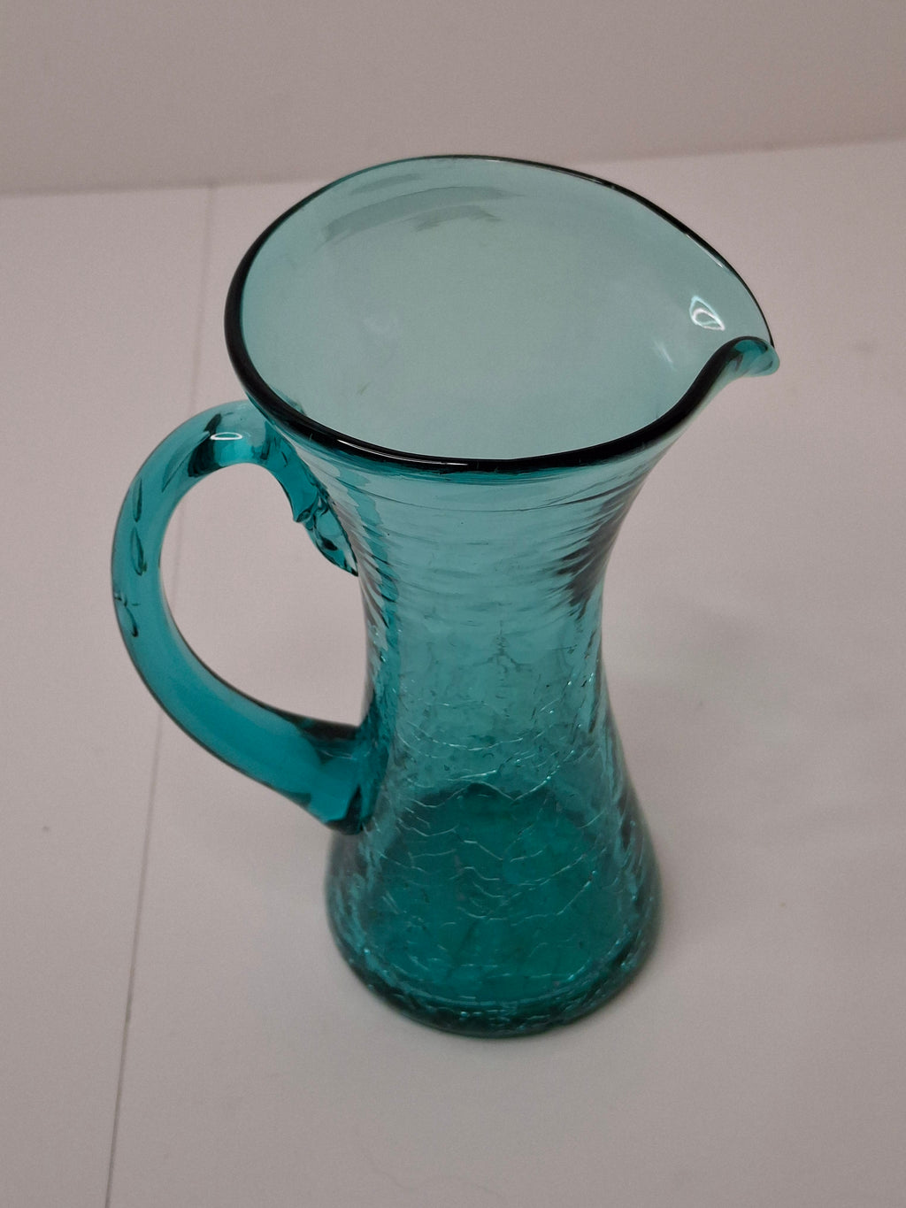 Vintage Mid-Century Turquoise Crackle Glass Mini Pitcher - Hand-Blown Ewer