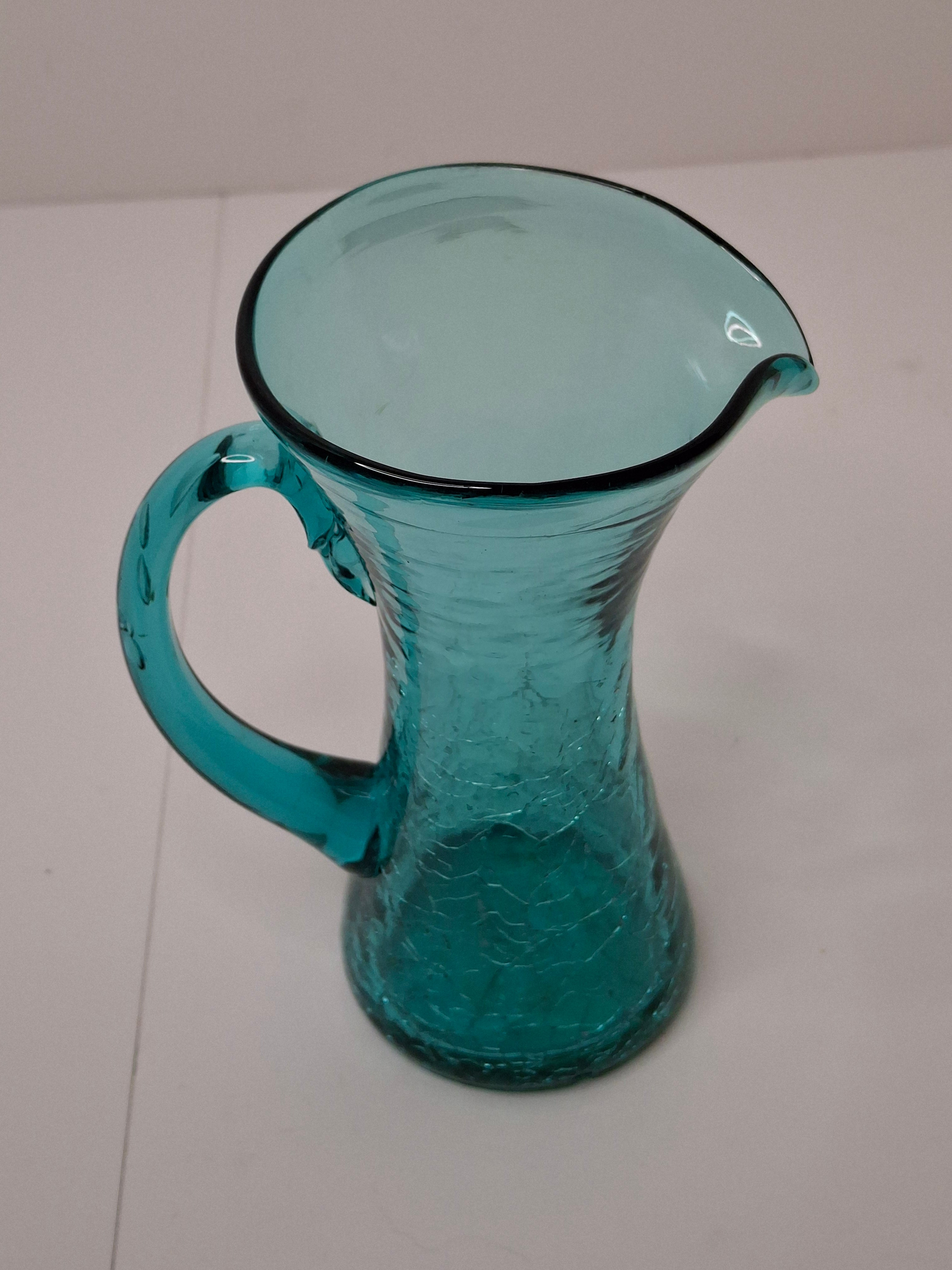 Vintage Mid-Century Turquoise Crackle Glass Mini Pitcher - Hand-Blown Ewer