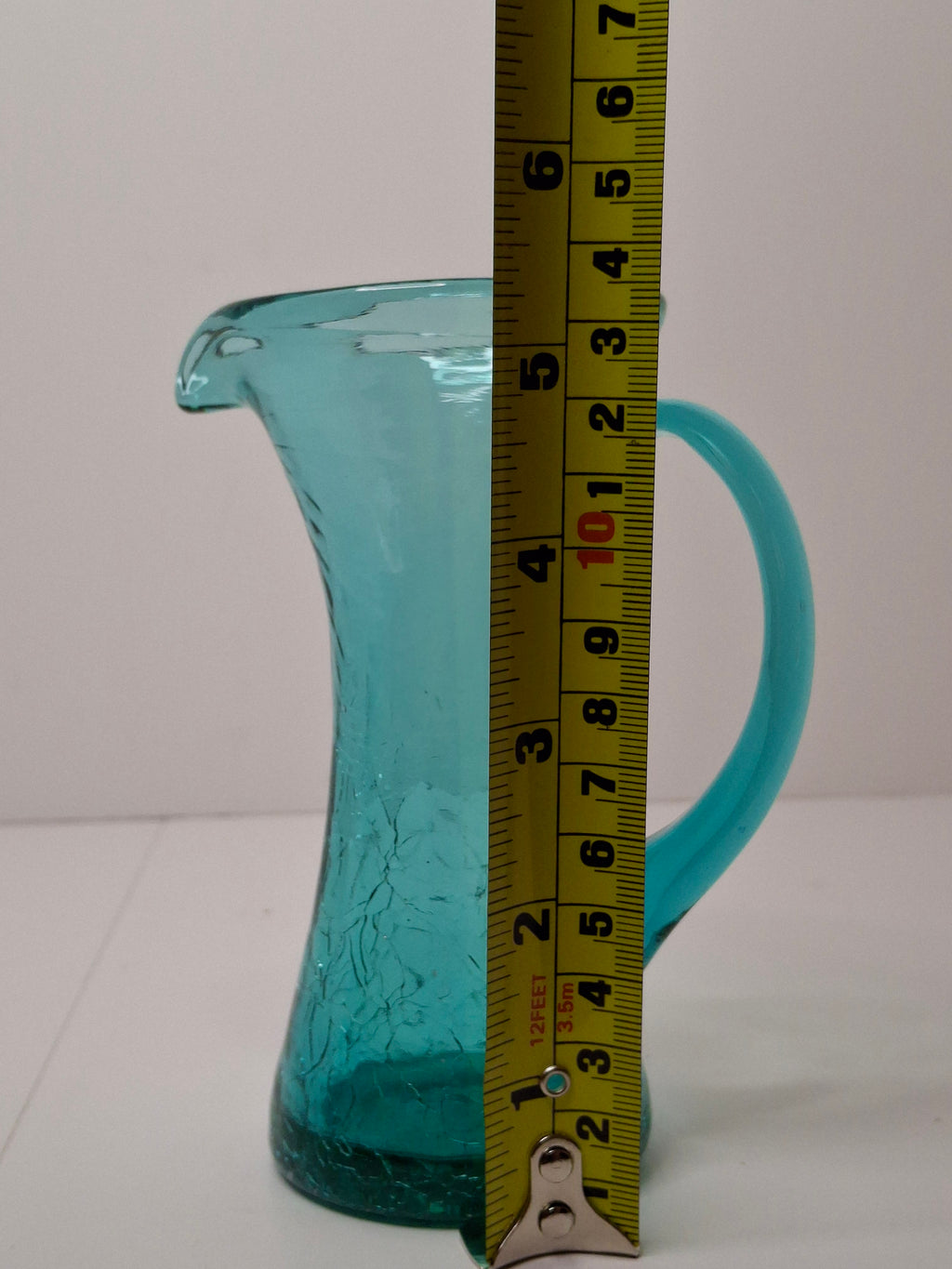 Vintage Mid-Century Turquoise Crackle Glass Mini Pitcher - Hand-Blown Ewer
