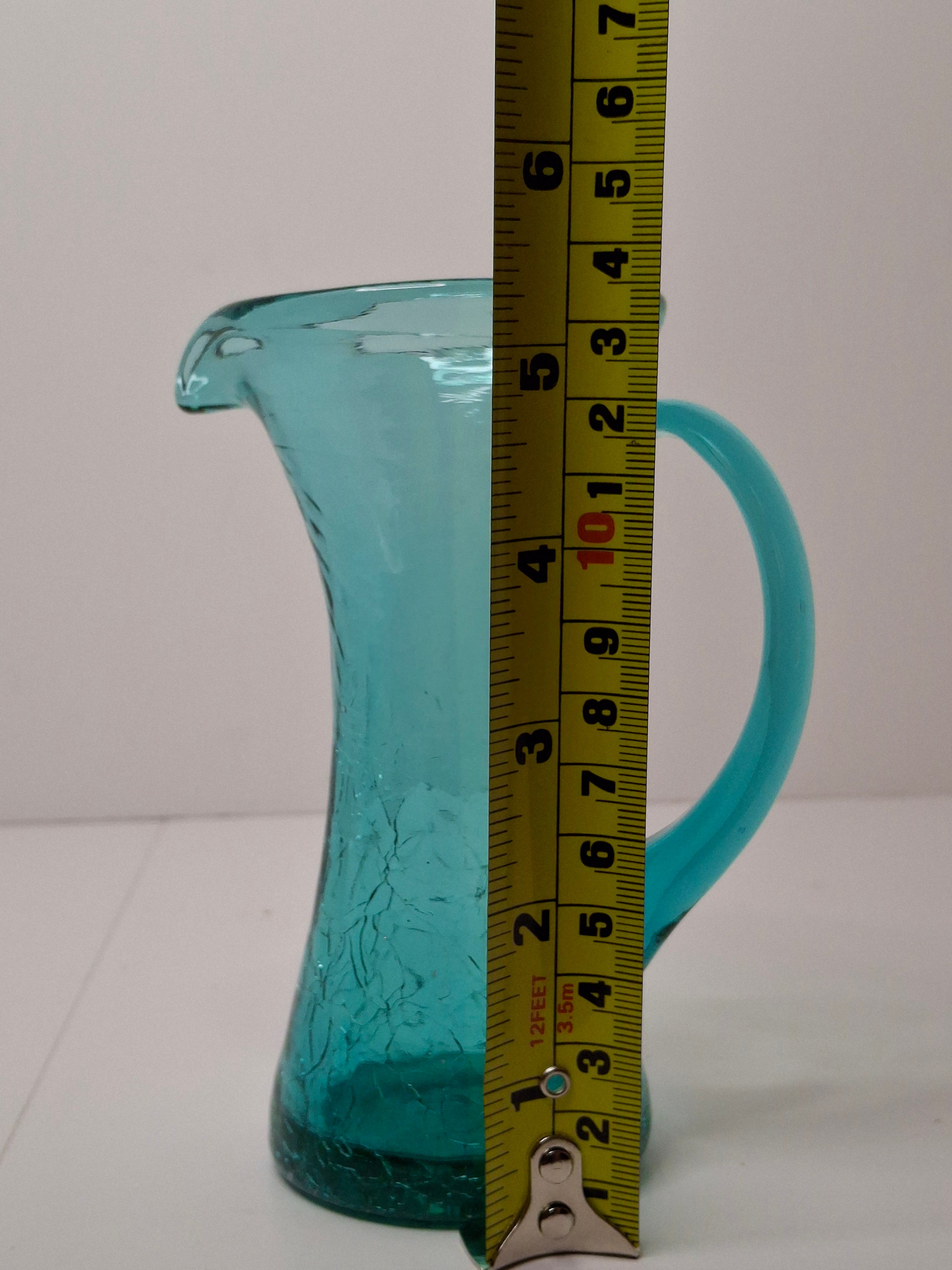 Vintage Mid-Century Turquoise Crackle Glass Mini Pitcher - Hand-Blown Ewer