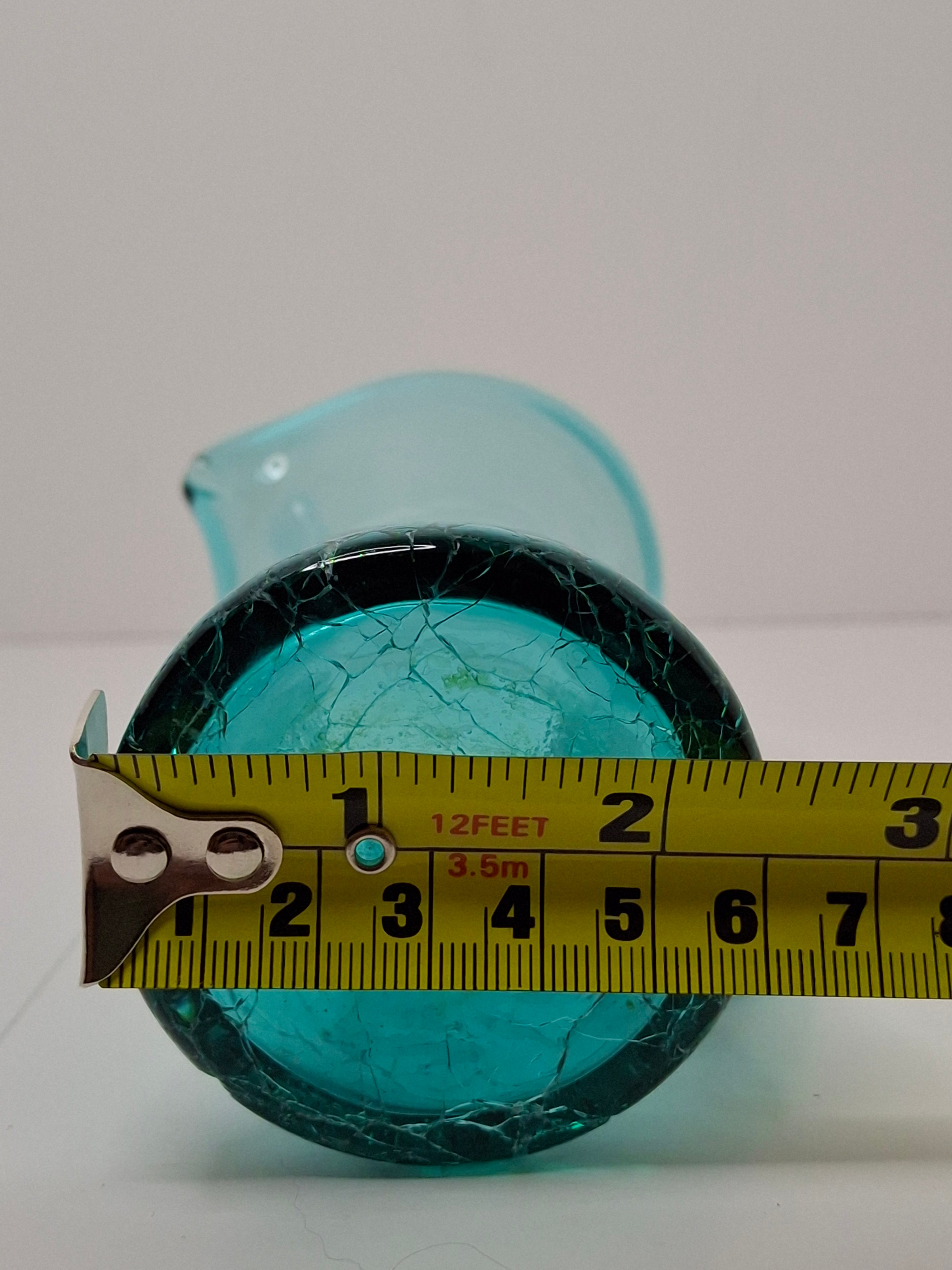 Vintage Mid-Century Turquoise Crackle Glass Mini Pitcher - Hand-Blown Ewer