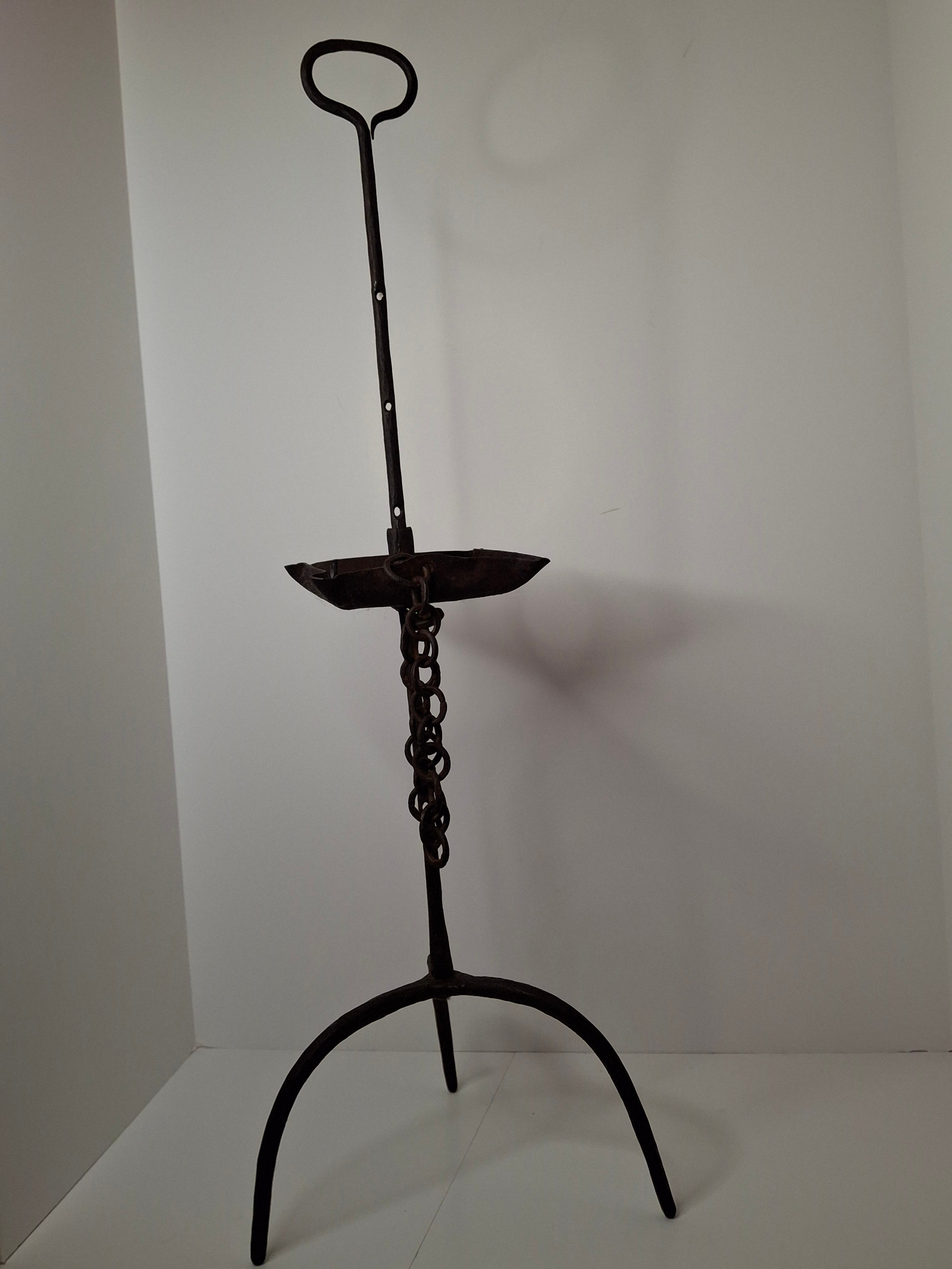 Museum Quality Antique 18th Century Hand-Wrought Iron Adjustable Four-Wick Grease or Lard Lamp with extremely Rare Pin-and-Hole Adjustment System